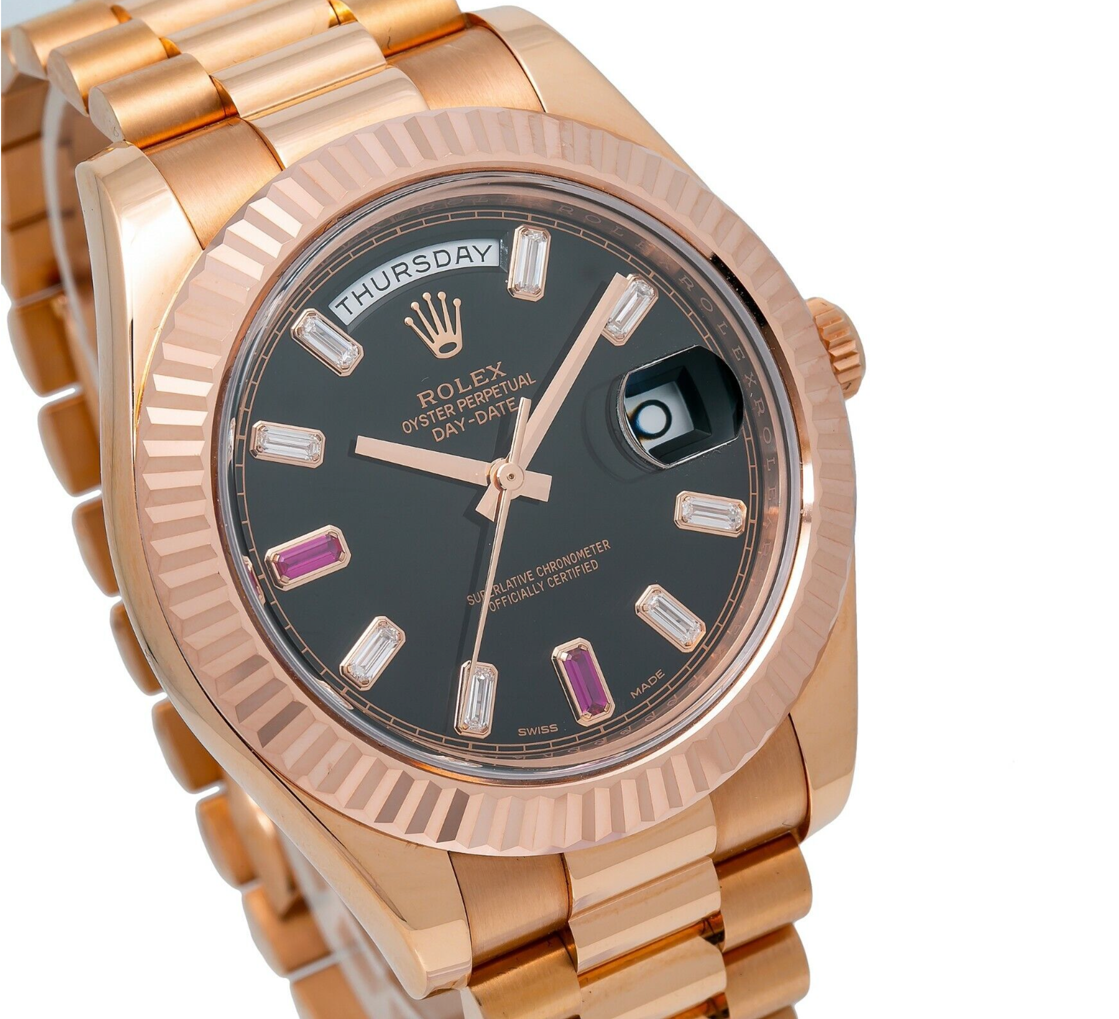 Rolex Day-Date II 41mm 218235 – Black Dial with Factory Ruby & Diamond Markers – 18K Rose Gold President Bracelet-Rolex-JD Watches NY