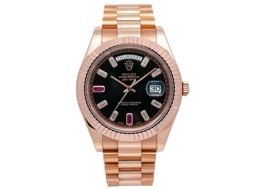 Rolex Day-Date II 41mm 218235 – Black Dial with Factory Ruby & Diamond Markers – 18K Rose Gold President Bracelet