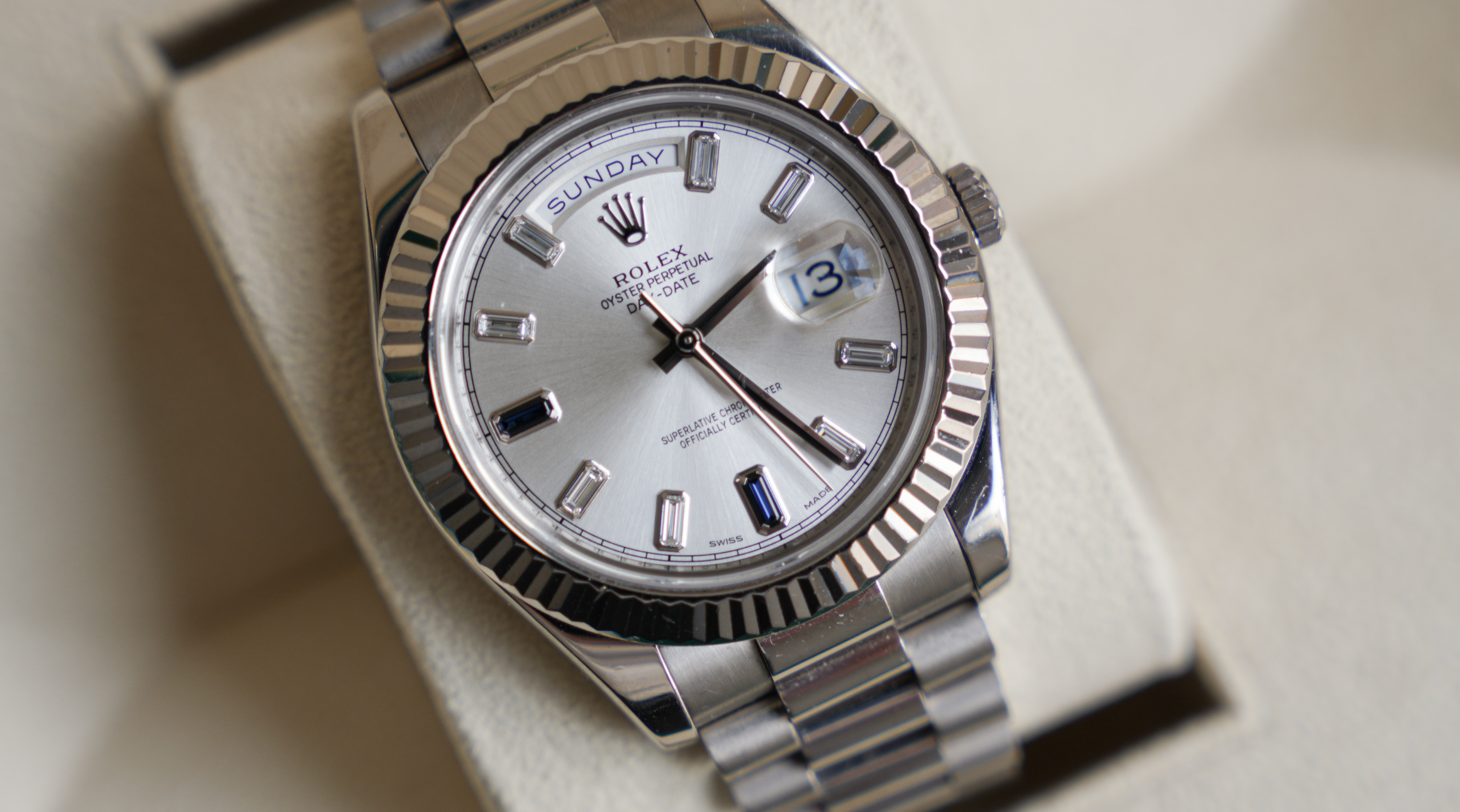 Rolex Day-Date II – White Gold Silver Dial with Blue Sapphire & Baguette Markers Ref. 218239-JD Watches NY-JD Watches NY