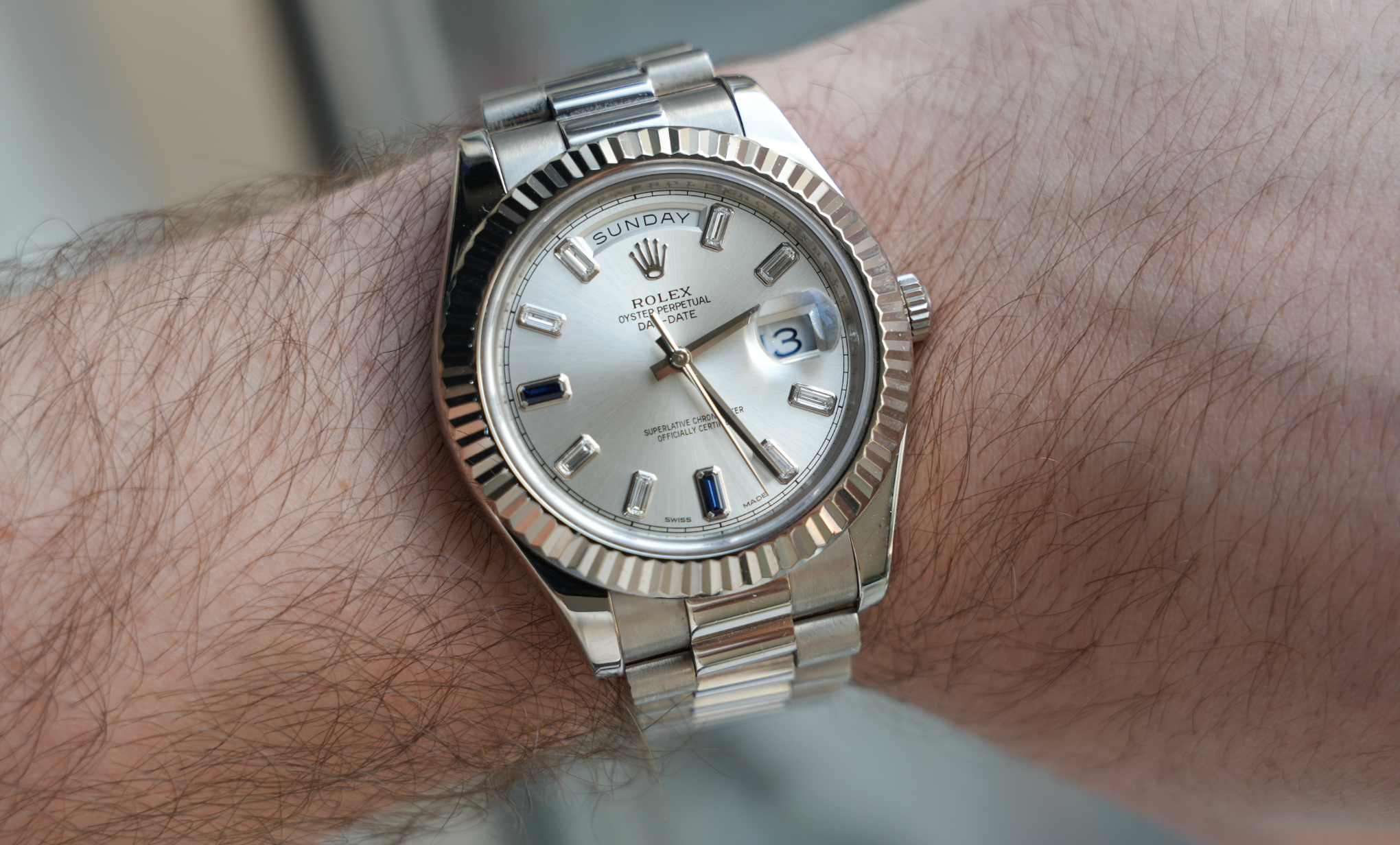 Rolex Day-Date II – White Gold Silver Dial with Blue Sapphire & Baguette Markers Ref. 218239-JD Watches NY-JD Watches NY