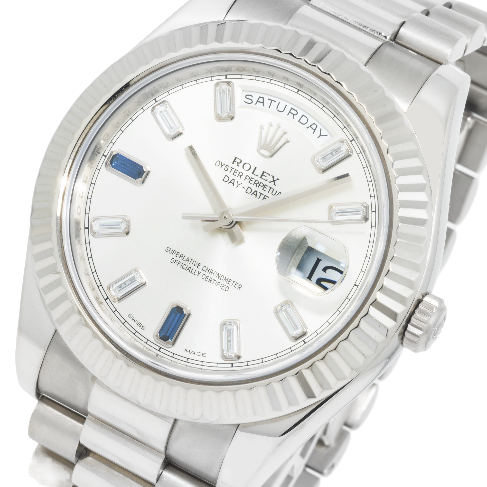 Rolex Day-Date II – White Gold Silver Dial with Blue Sapphire & Baguette Markers Ref. 218239-JD Watches NY-JD Watches NY