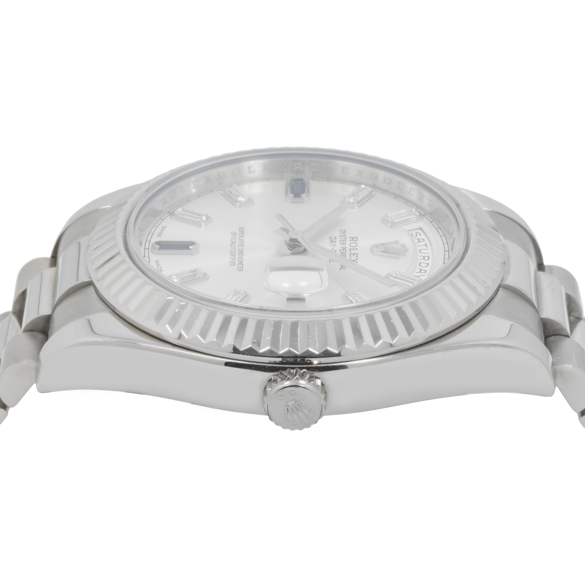 Rolex Day-Date II – White Gold Silver Dial with Blue Sapphire & Baguette Markers Ref. 218239-JD Watches NY-JD Watches NY