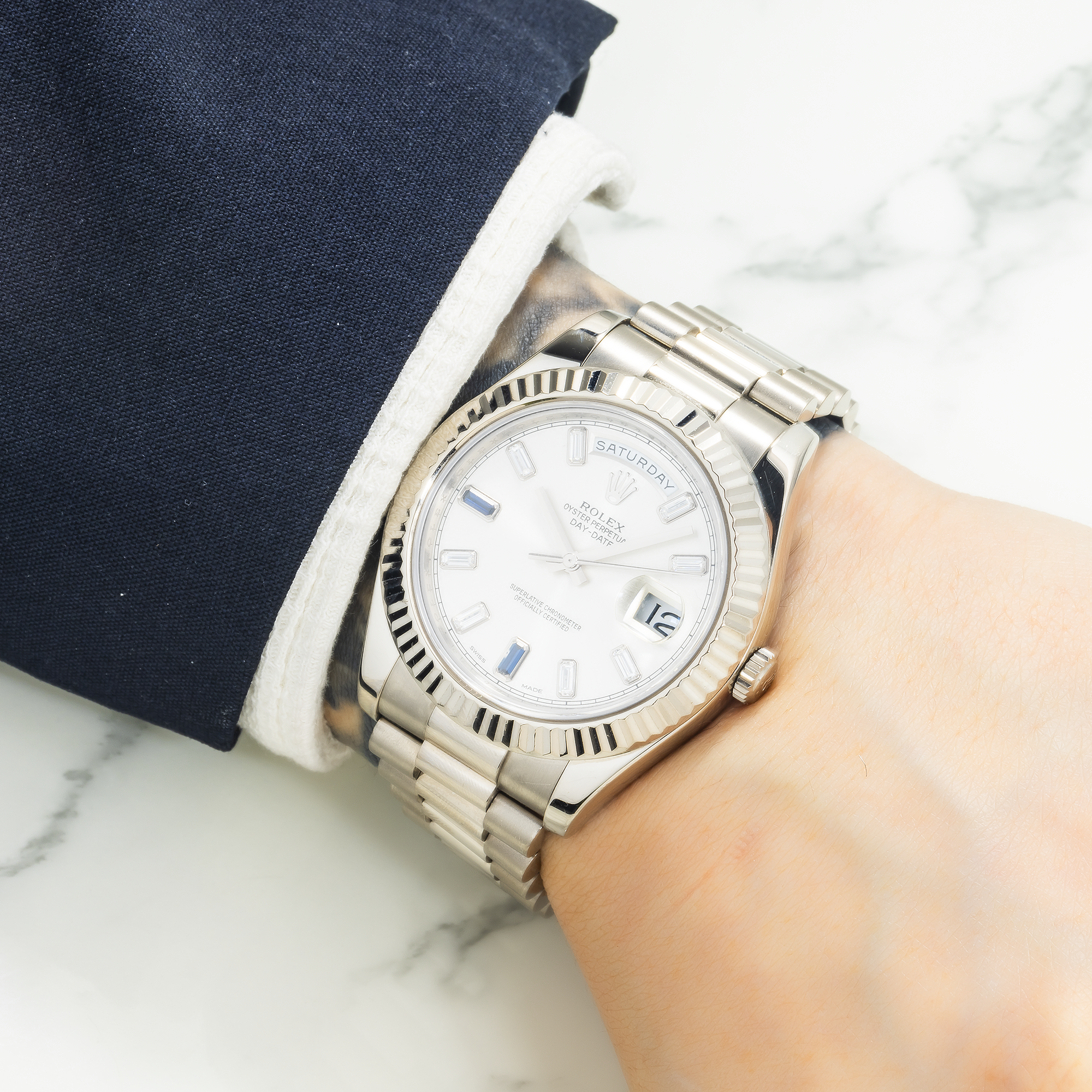 Rolex Day-Date II – White Gold Silver Dial with Blue Sapphire & Baguette Markers Ref. 218239-JD Watches NY-JD Watches NY
