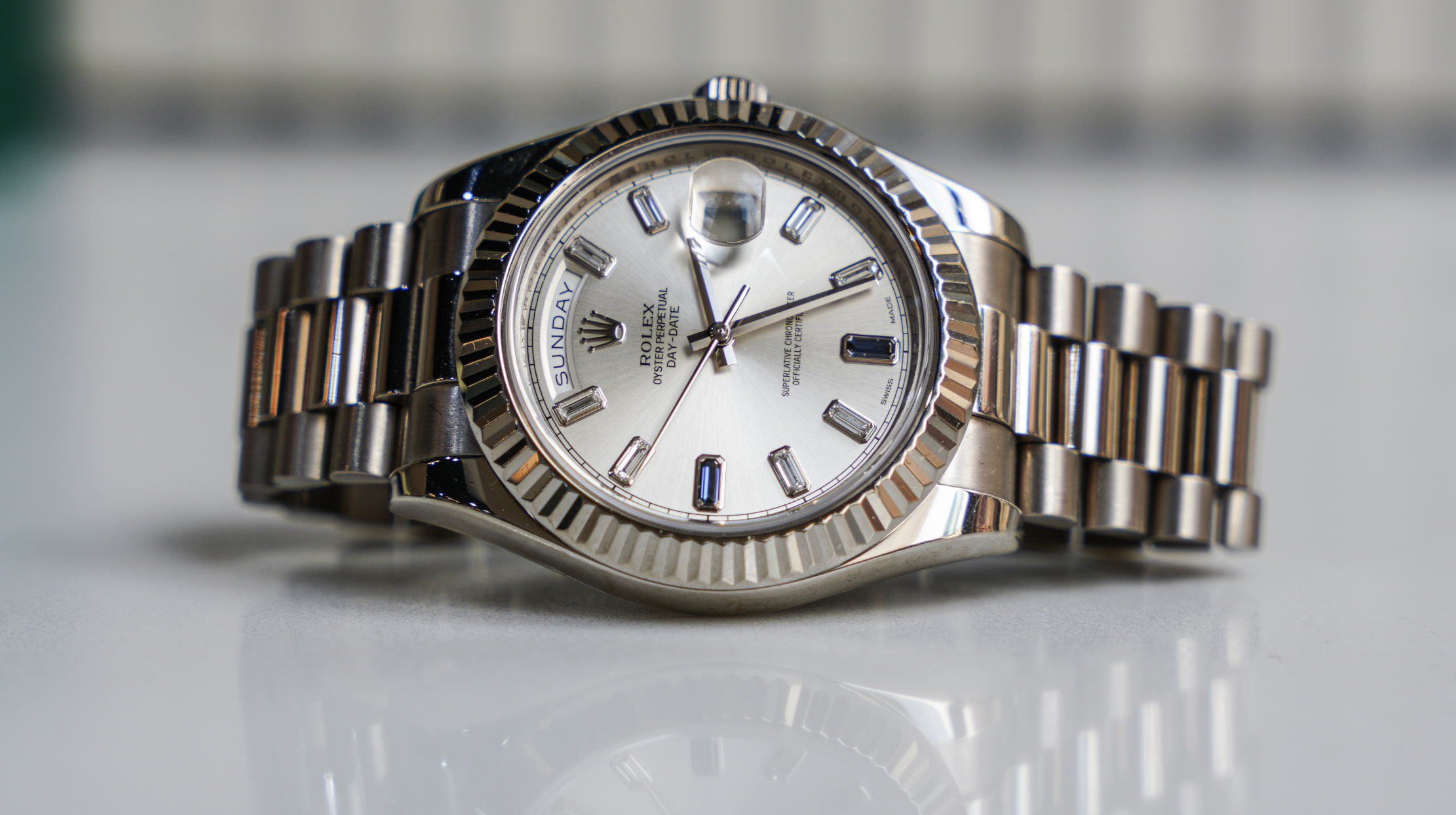 Rolex Day-Date II – White Gold Silver Dial with Blue Sapphire & Baguette Markers Ref. 218239-JD Watches NY-JD Watches NY