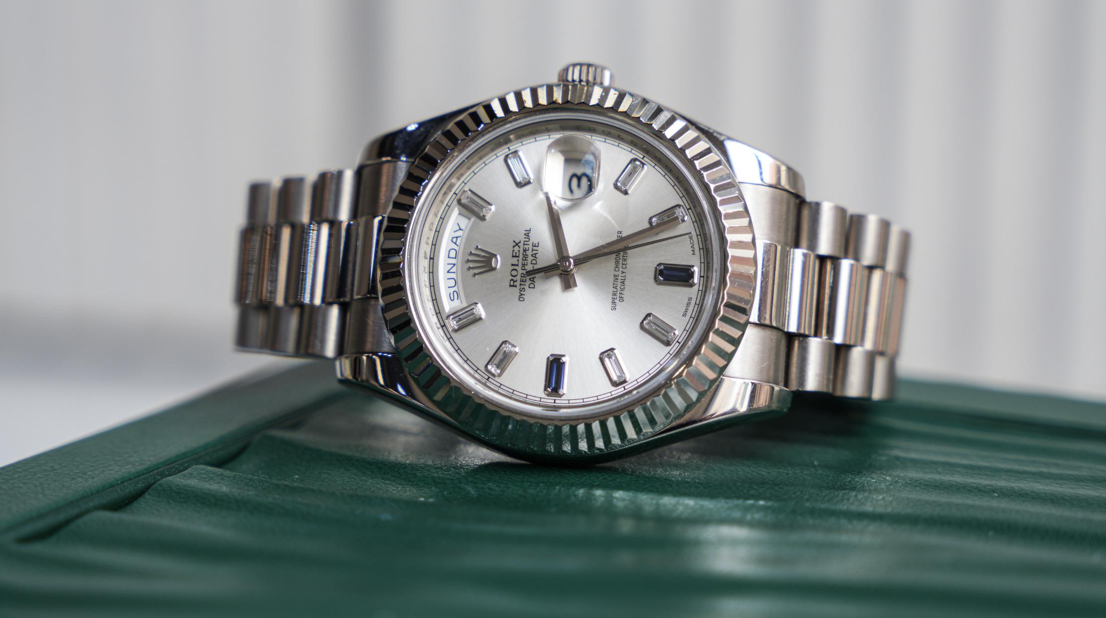 Rolex Day-Date II – White Gold Silver Dial with Blue Sapphire & Baguette Markers Ref. 218239-JD Watches NY-JD Watches NY