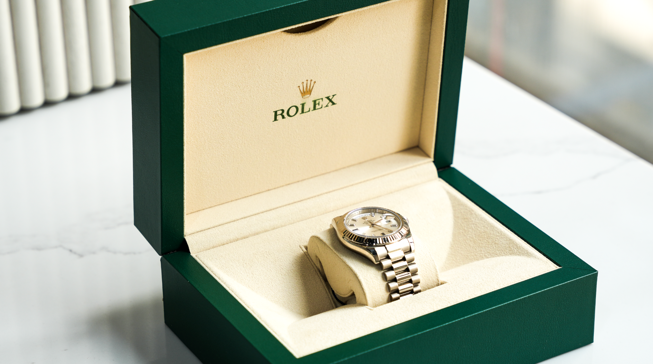 Rolex Day-Date II – White Gold Silver Dial with Blue Sapphire & Baguette Markers Ref. 218239-JD Watches NY-JD Watches NY