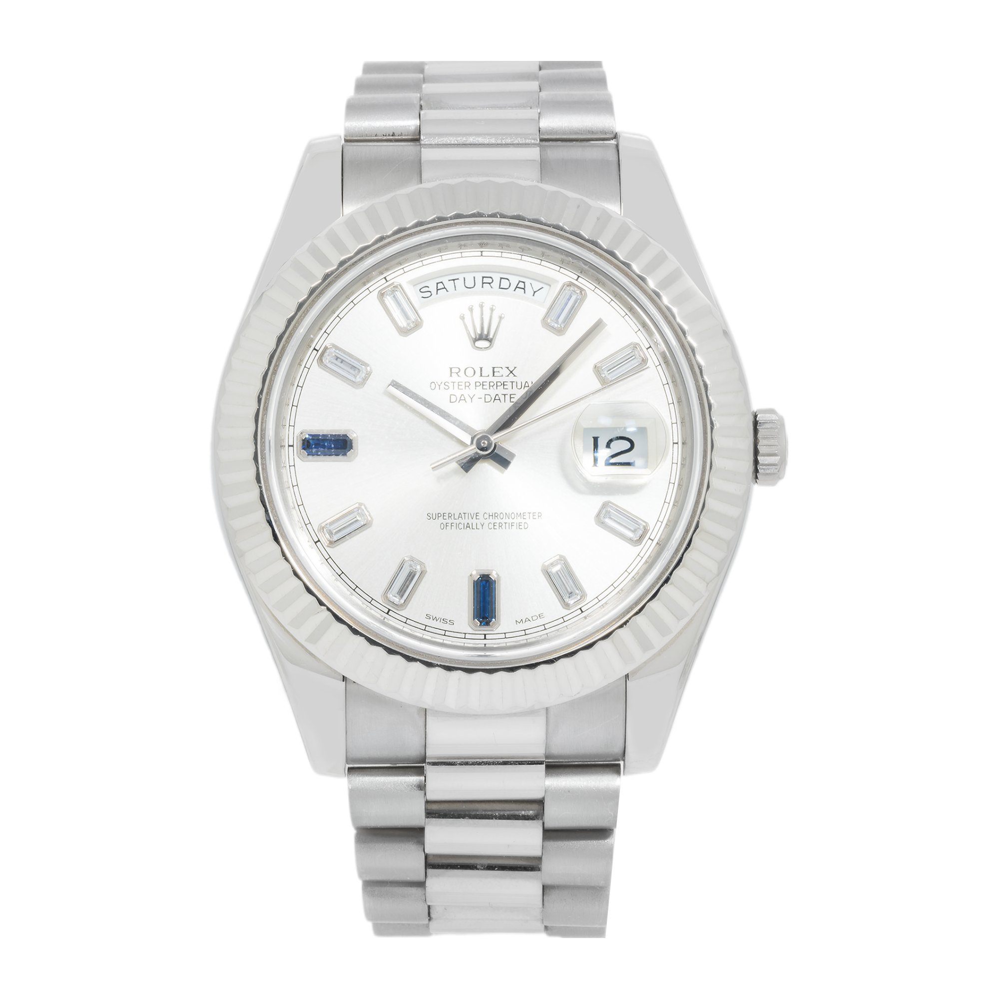 Rolex Day-Date II – White Gold Silver Dial with Blue Sapphire & Baguette Markers Ref. 218239-JD Watches NY-JD Watches NY