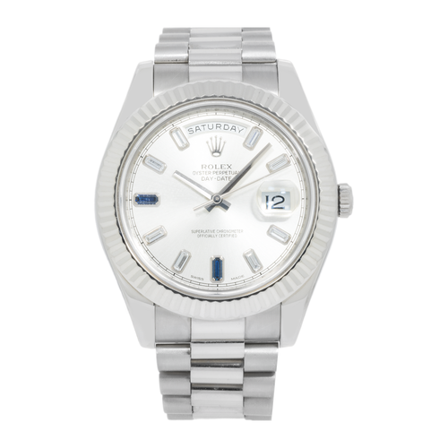 Rolex Day-Date II – White Gold Silver Dial with Blue Sapphire & Baguette Markers Ref. 218239