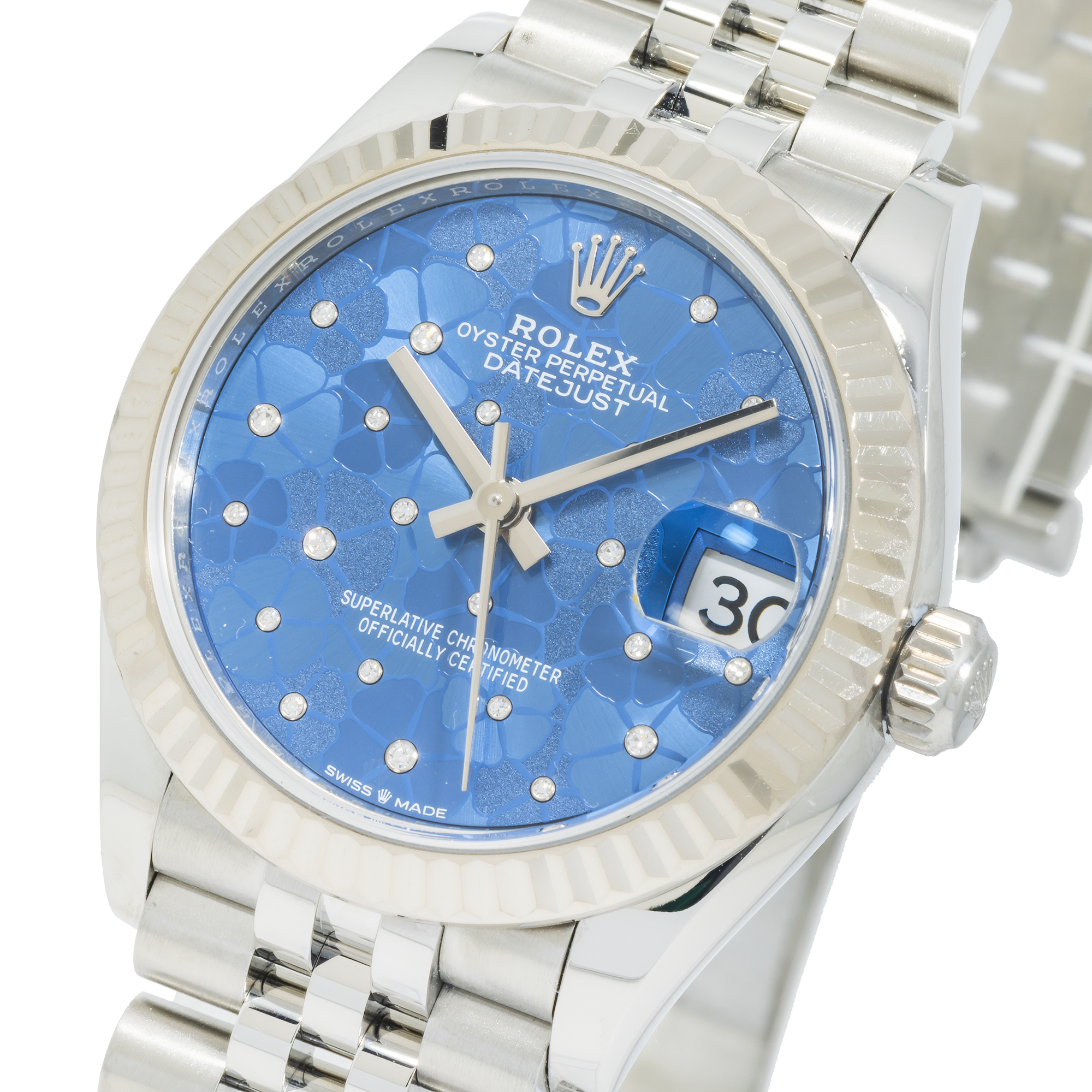 Rolex Ladies 31mm Stainless Steel & White Gold Datejust with Azzurro Blue Floral Motif Dial and Jubilee Bracelet-Rolex-JD Watches NY
