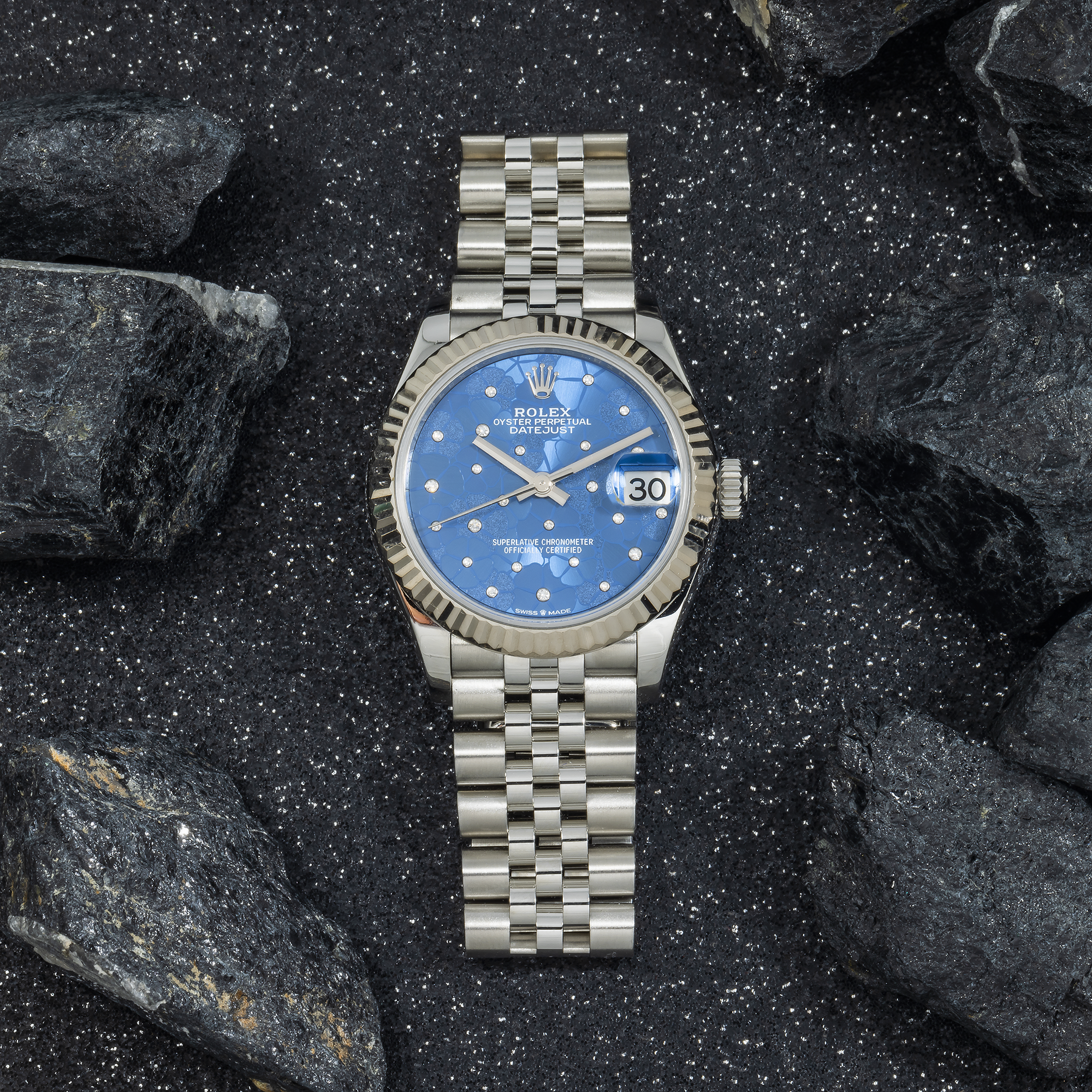 Rolex Ladies 31mm Stainless Steel & White Gold Datejust with Azzurro Blue Floral Motif Dial and Jubilee Bracelet-Rolex-JD Watches NY