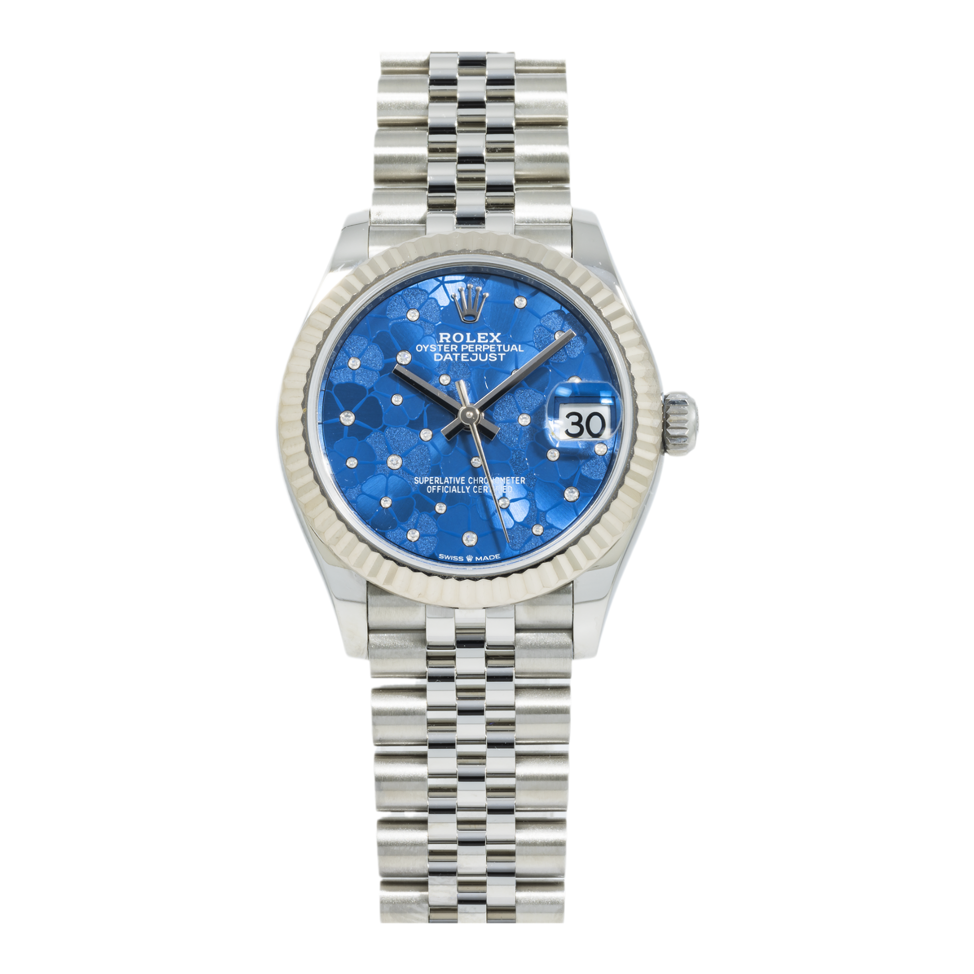 Rolex Ladies 31mm Stainless Steel & White Gold Datejust with Azzurro Blue Floral Motif Dial and Jubilee Bracelet-Rolex-JD Watches NY