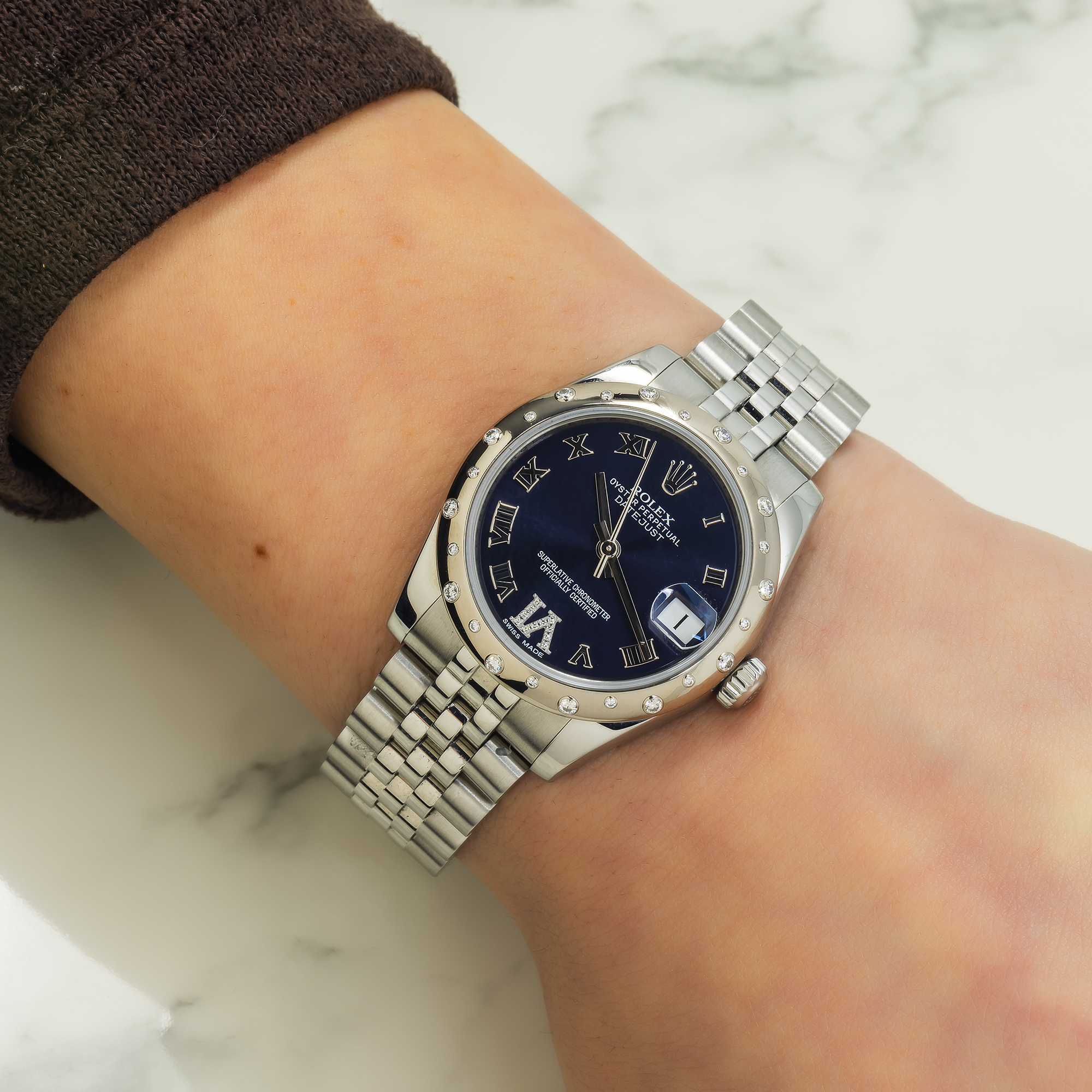 Rolex Ladies Stainless Steel and White Gold 31mm Datejust 178344 with Diamond Bezel-Rolex-JD Watches NY