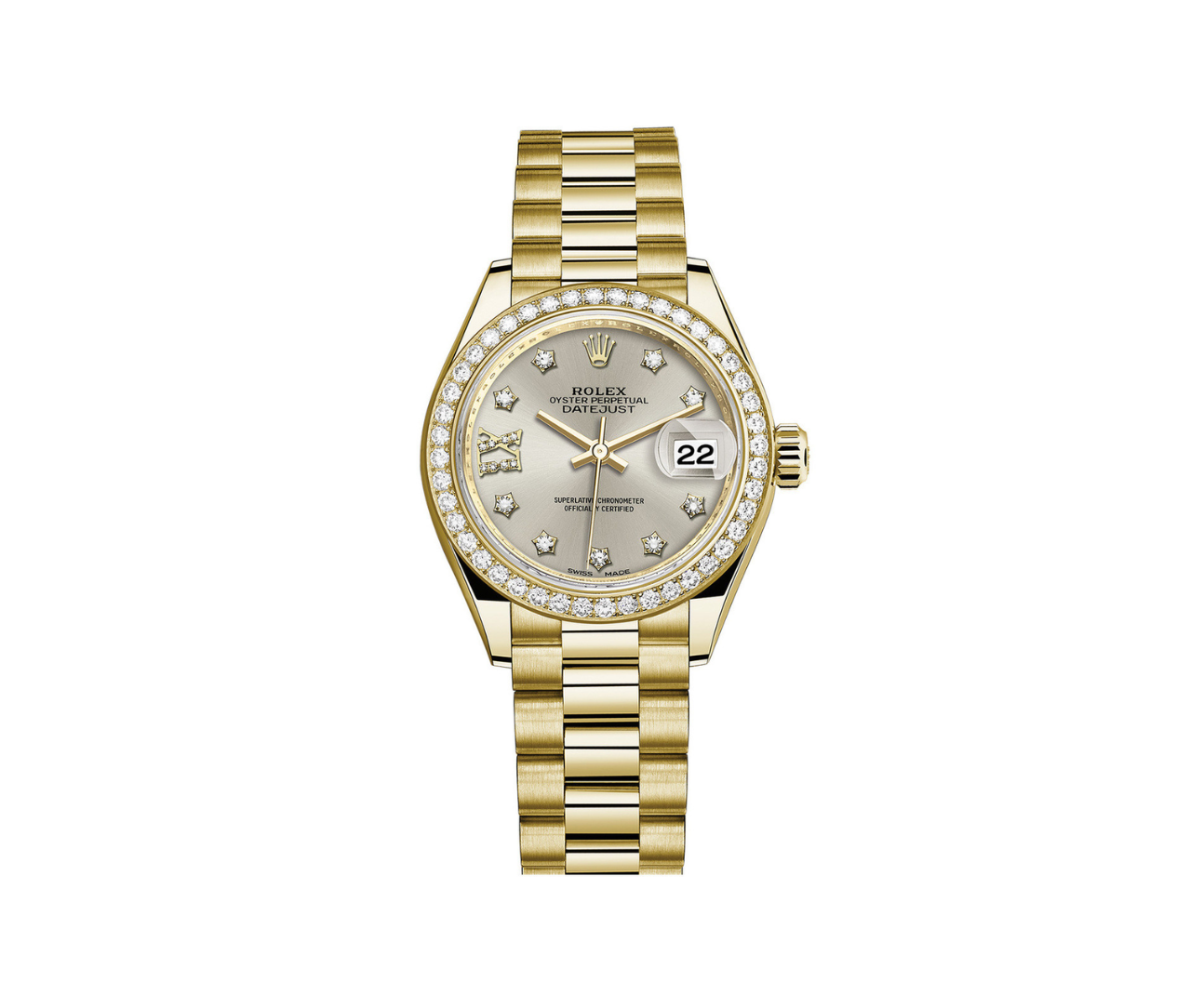 Rolex Lady-Datejust 28 – Yellow Gold with Diamond Bezel & Silver Dial Ref. 279138RBR