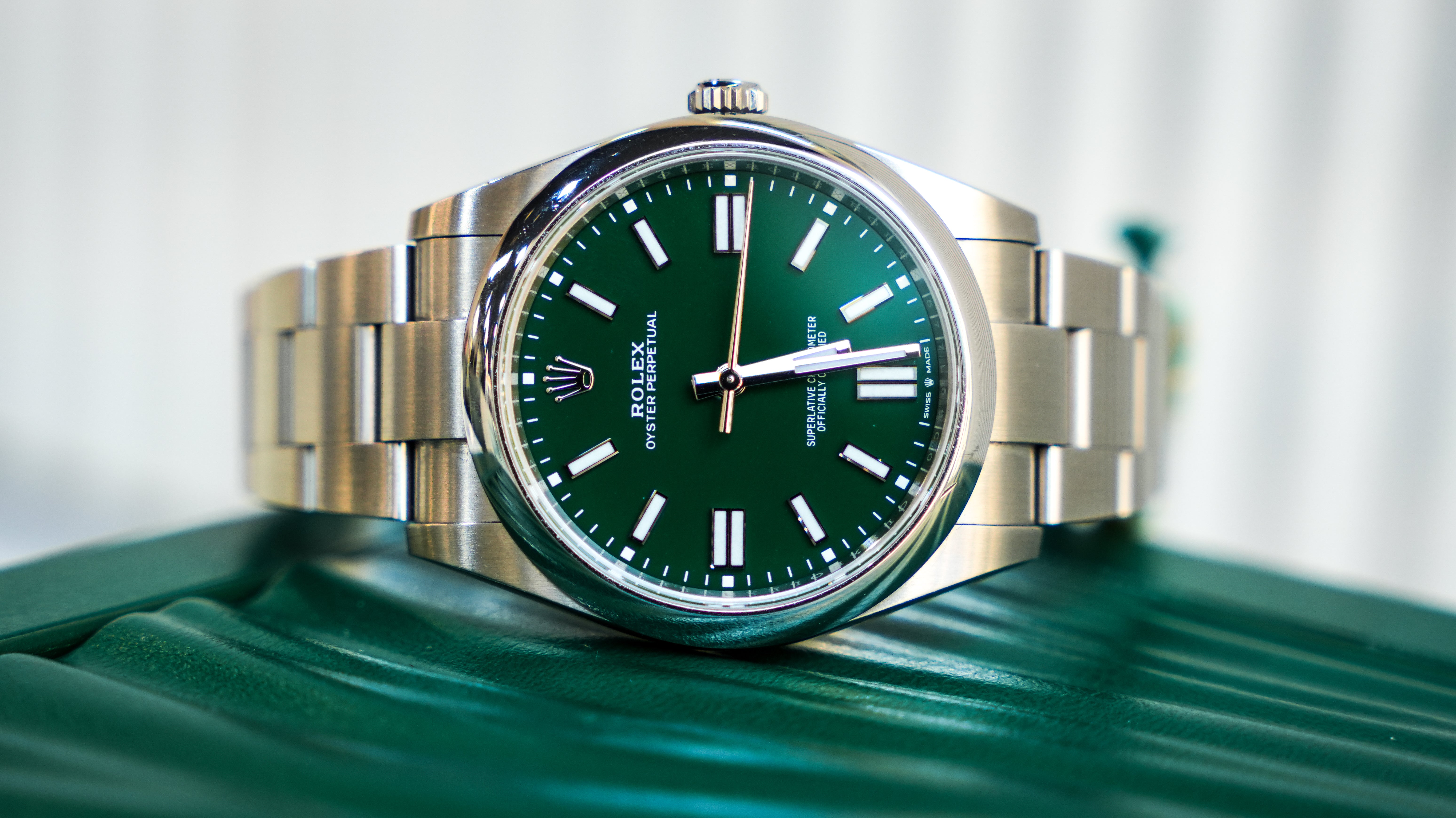 Rolex Oyster Perpetual 124300-0005 – Green Dial with Smooth Bezel and Stainless Steel Oyster Bracelet-Rolex-JD Watches NY