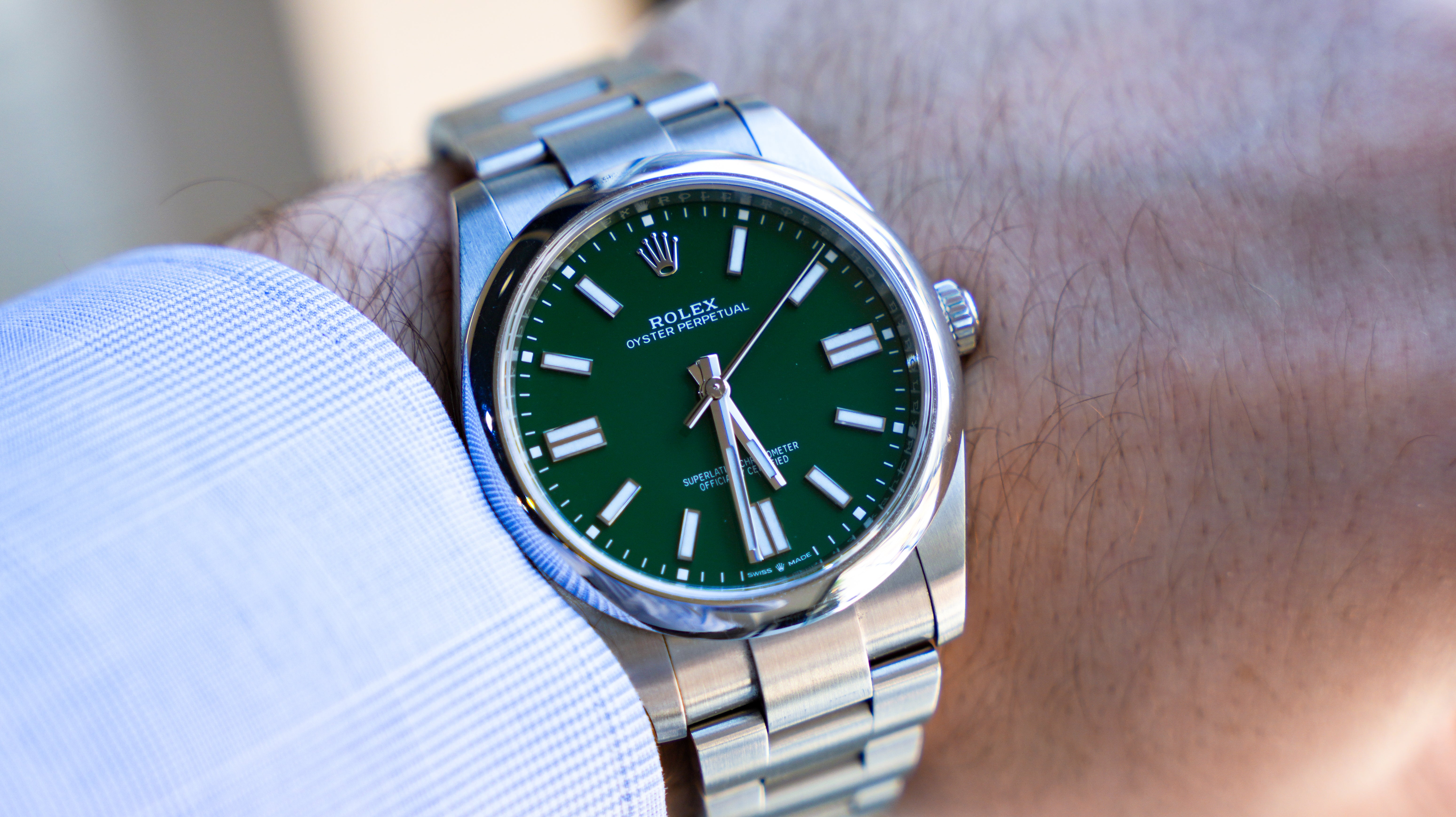 Rolex Oyster Perpetual 124300-0005 – Green Dial with Smooth Bezel and Stainless Steel Oyster Bracelet-Rolex-JD Watches NY