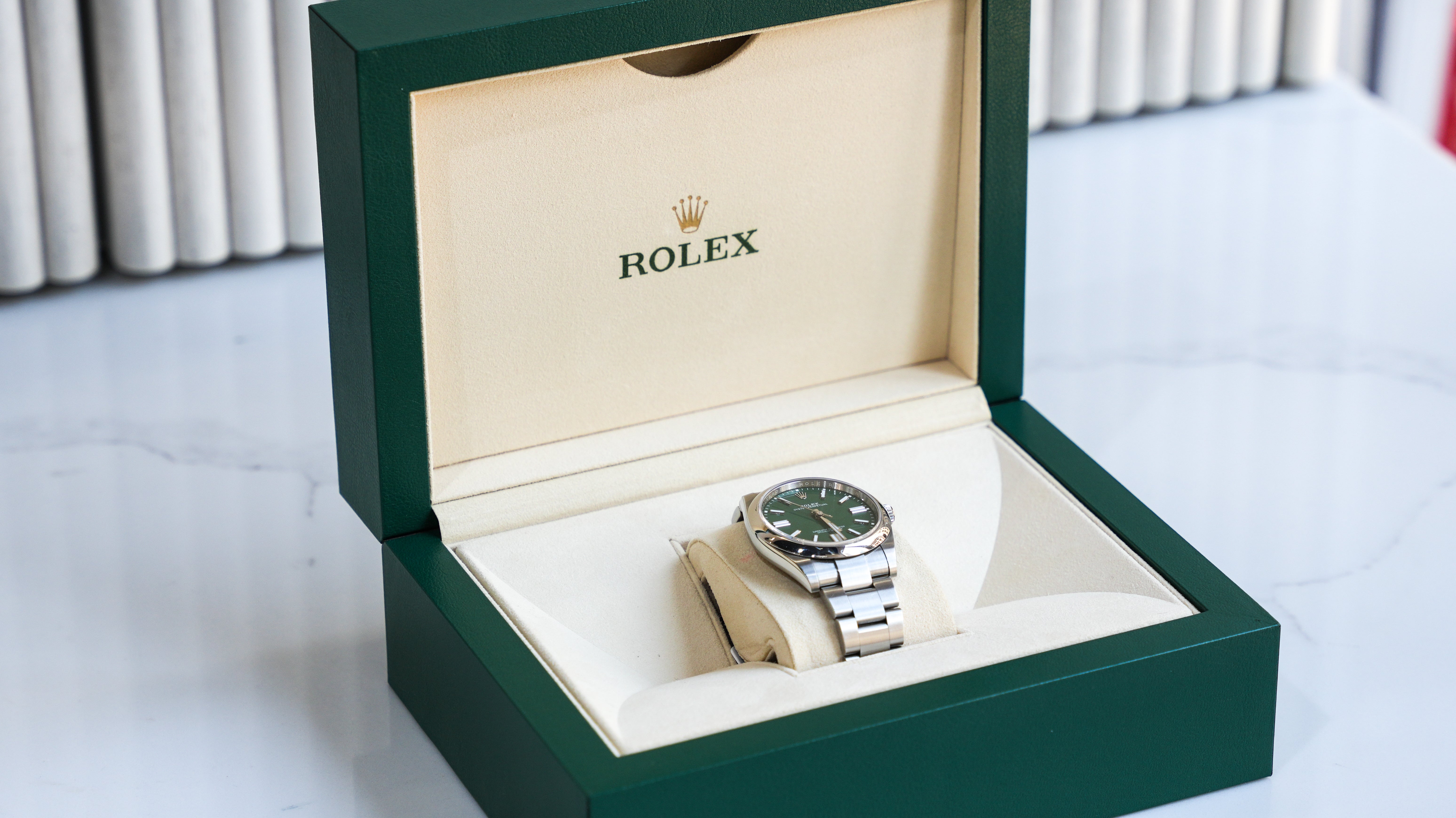 Rolex Oyster Perpetual 124300-0005 – Green Dial with Smooth Bezel and Stainless Steel Oyster Bracelet-Rolex-JD Watches NY