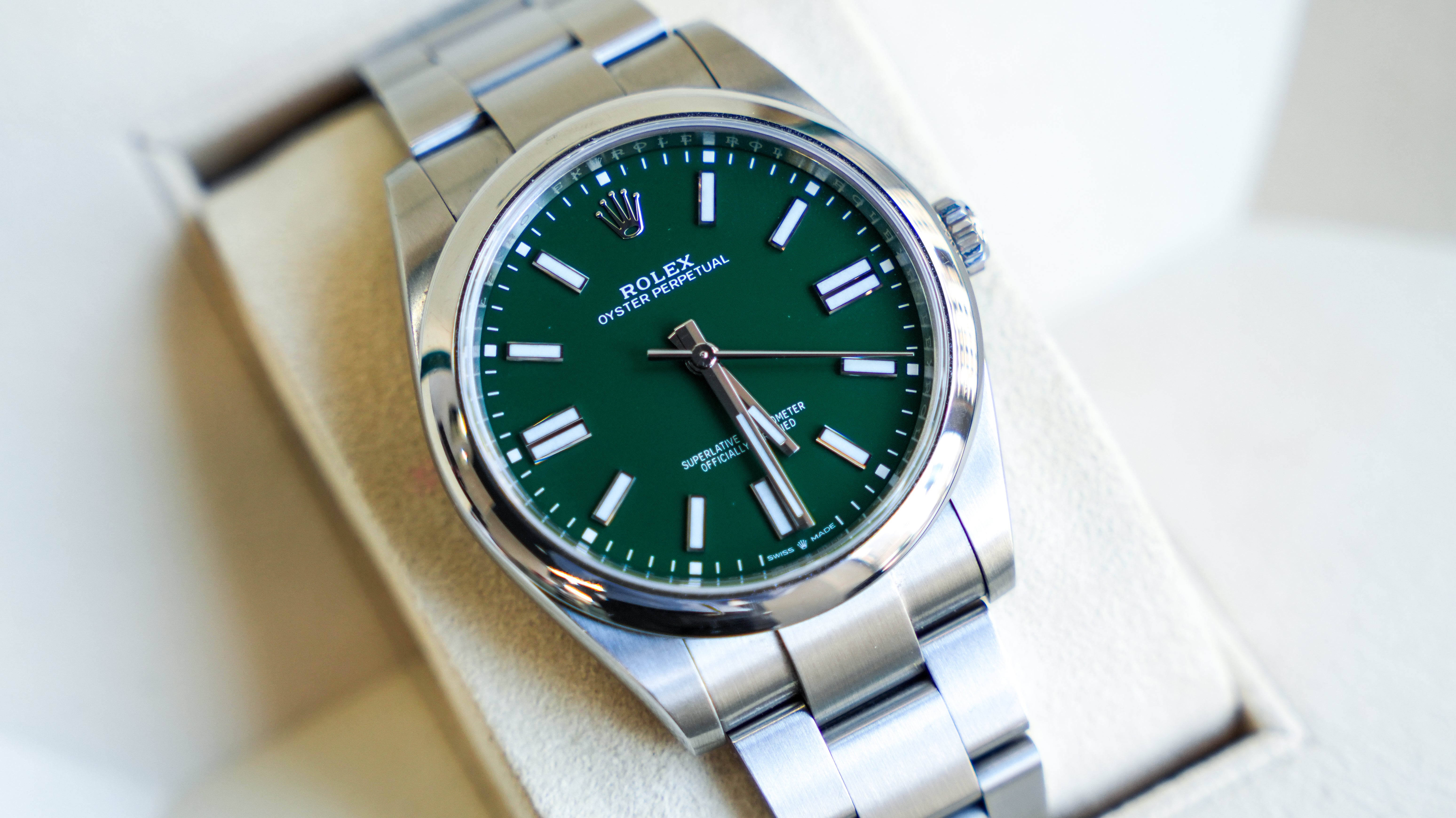 Rolex Oyster Perpetual 124300-0005 – Green Dial with Smooth Bezel and Stainless Steel Oyster Bracelet-Rolex-JD Watches NY