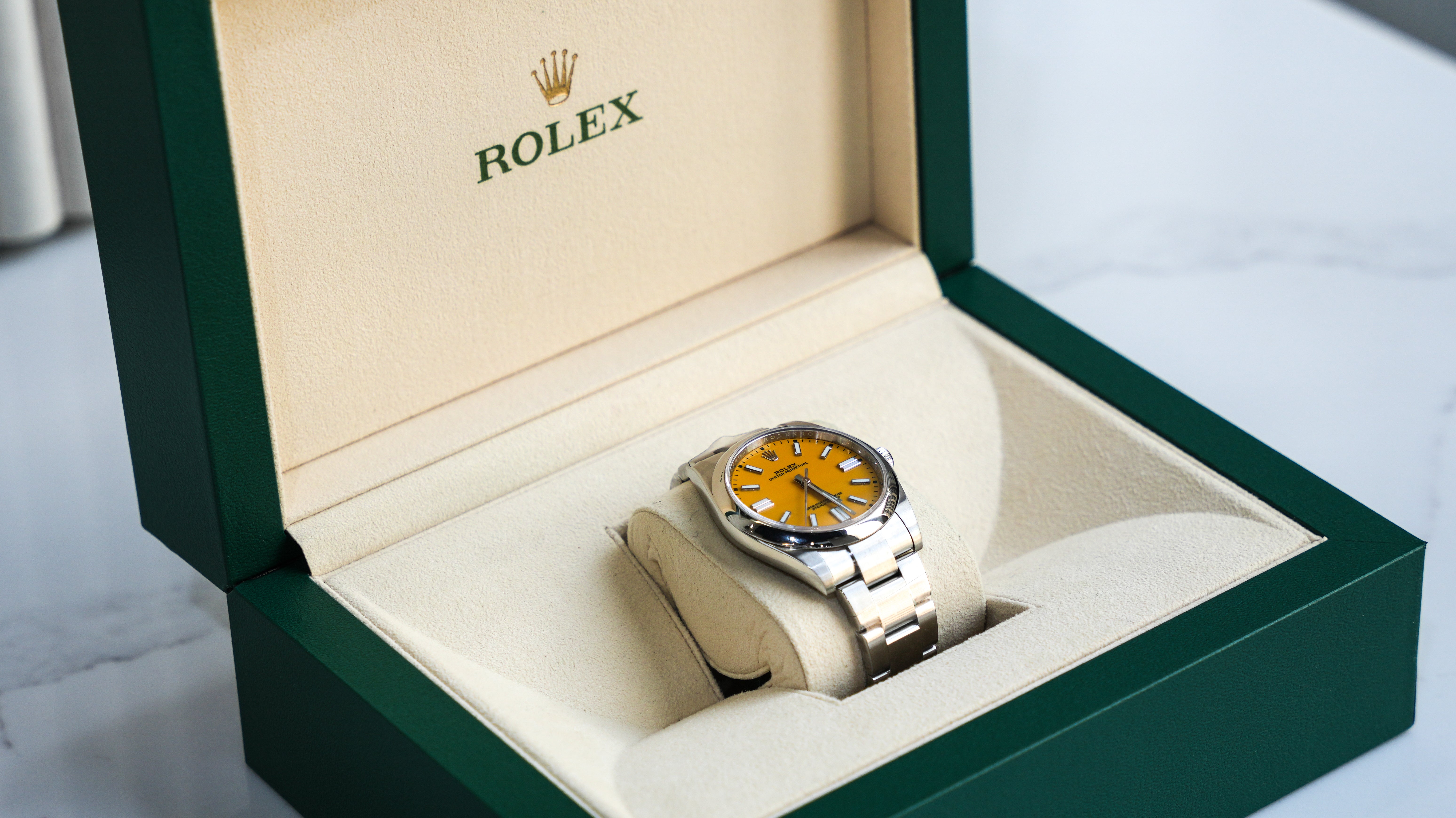 Rolex Oyster Perpetual 41mm – 124300, Yellow Dial, Stainless Steel Case, Oyster Bracelet-Rolex-JD Watches NY