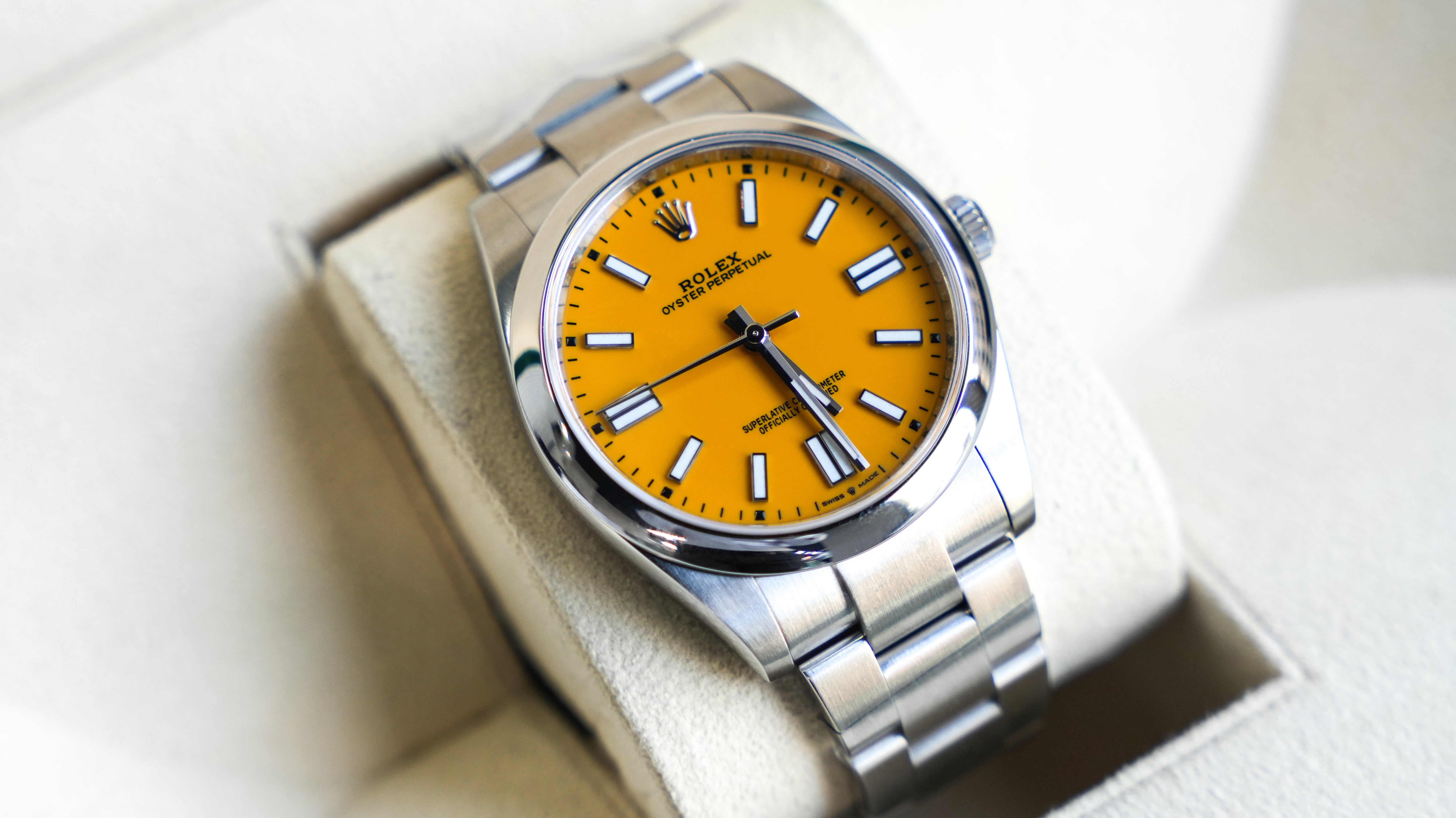 Rolex Oyster Perpetual 41mm – 124300, Yellow Dial, Stainless Steel Case, Oyster Bracelet-Rolex-JD Watches NY