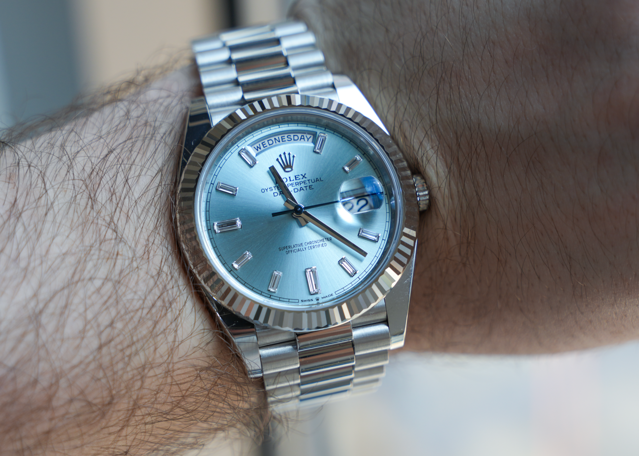 Rolex Platinum President Day-Date 40 – Ice Blue Baguette Dial Ref. 228236-Rolex-JD Watches NY