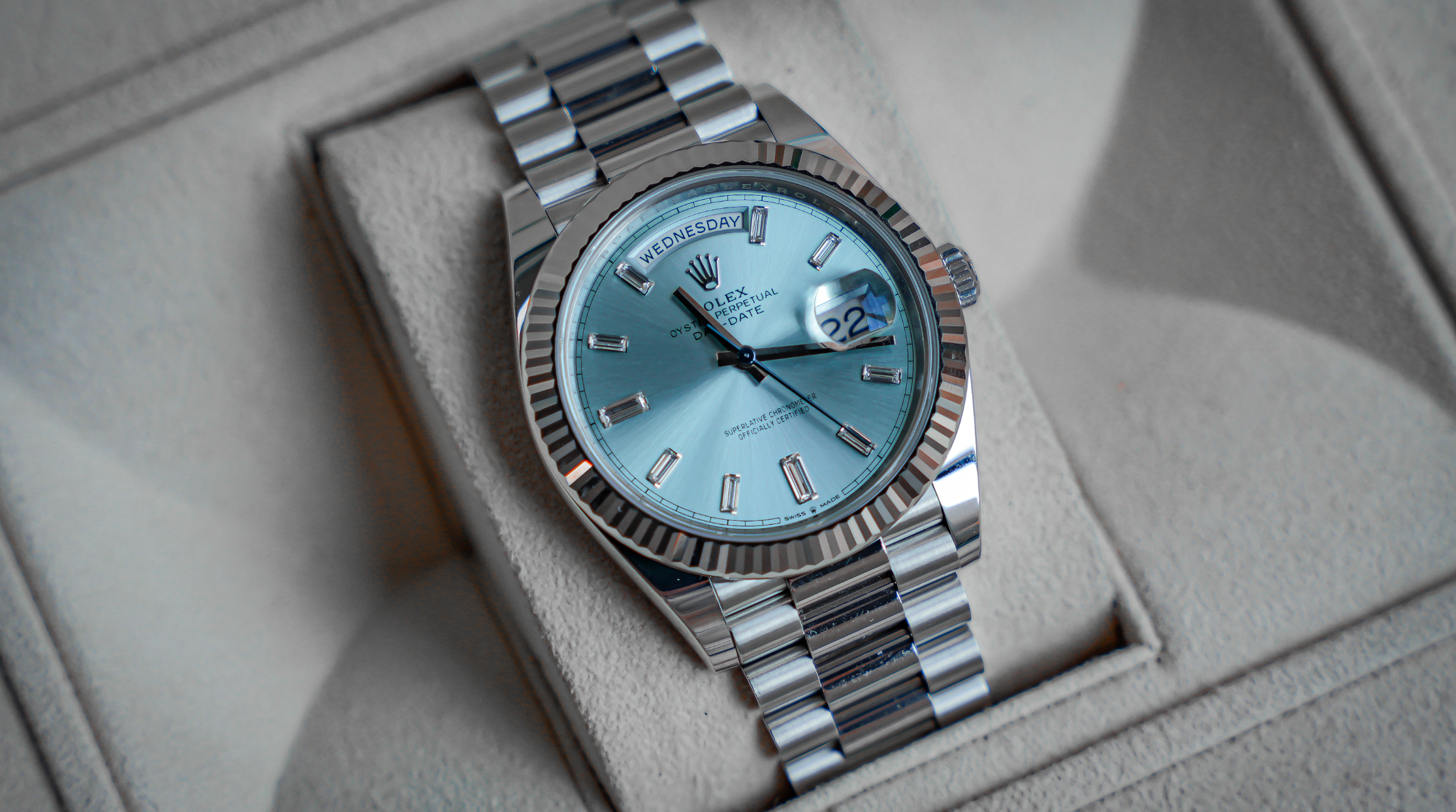 Rolex Platinum President Day-Date 40 – Ice Blue Baguette Dial Ref. 228236-Rolex-JD Watches NY