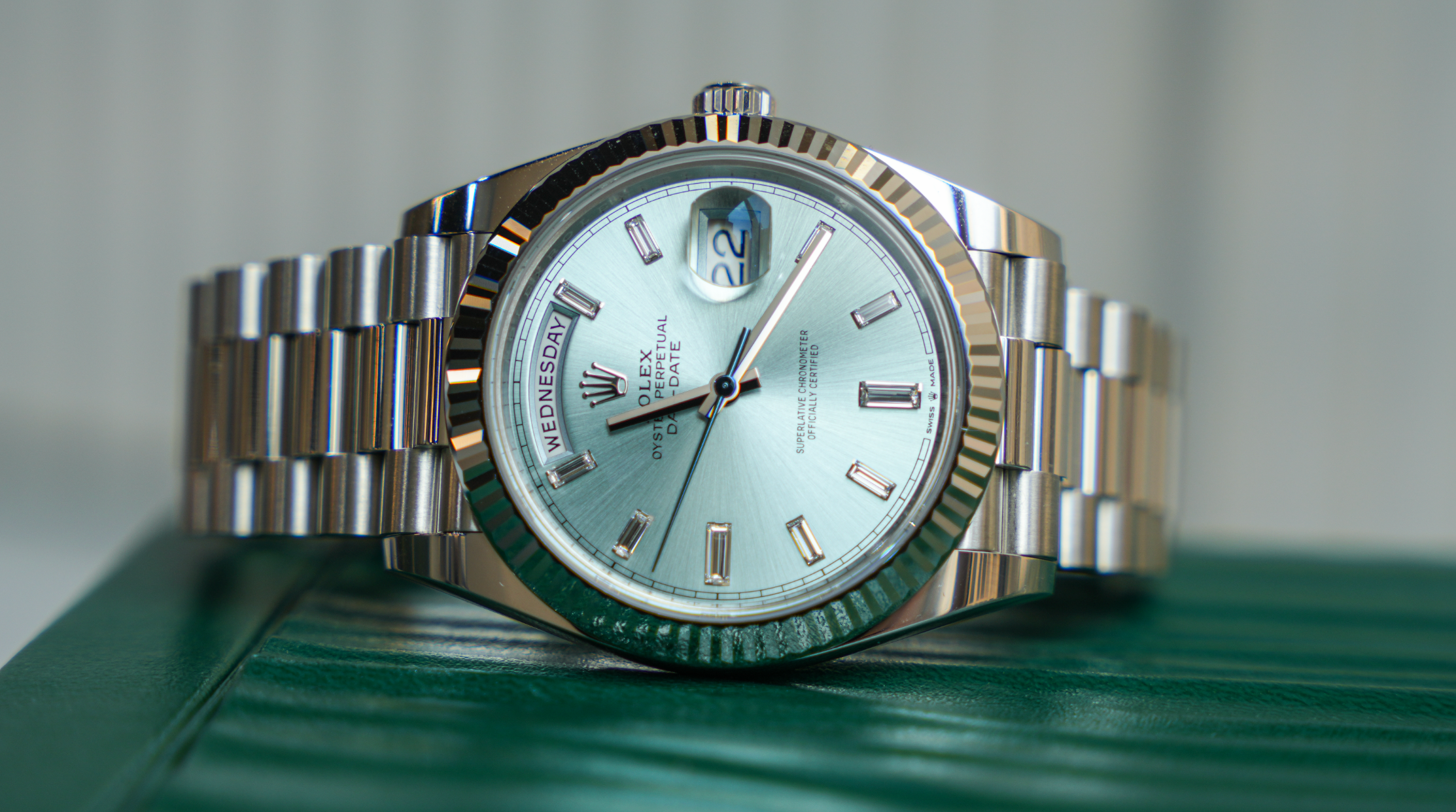 Rolex Platinum President Day-Date 40 – Ice Blue Baguette Dial Ref. 228236-Rolex-JD Watches NY