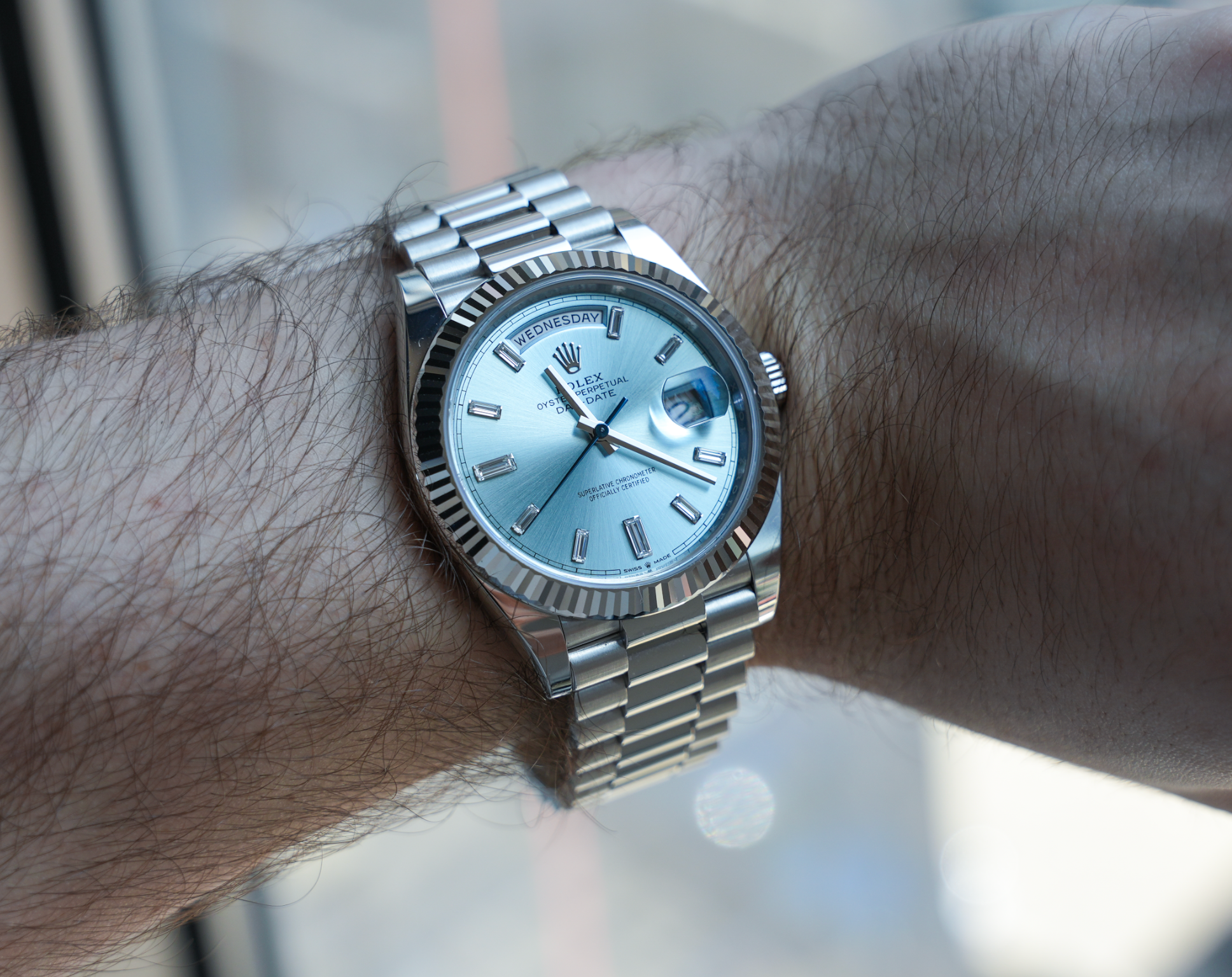 Rolex Platinum President Day-Date 40 – Ice Blue Baguette Dial Ref. 228236-Rolex-JD Watches NY