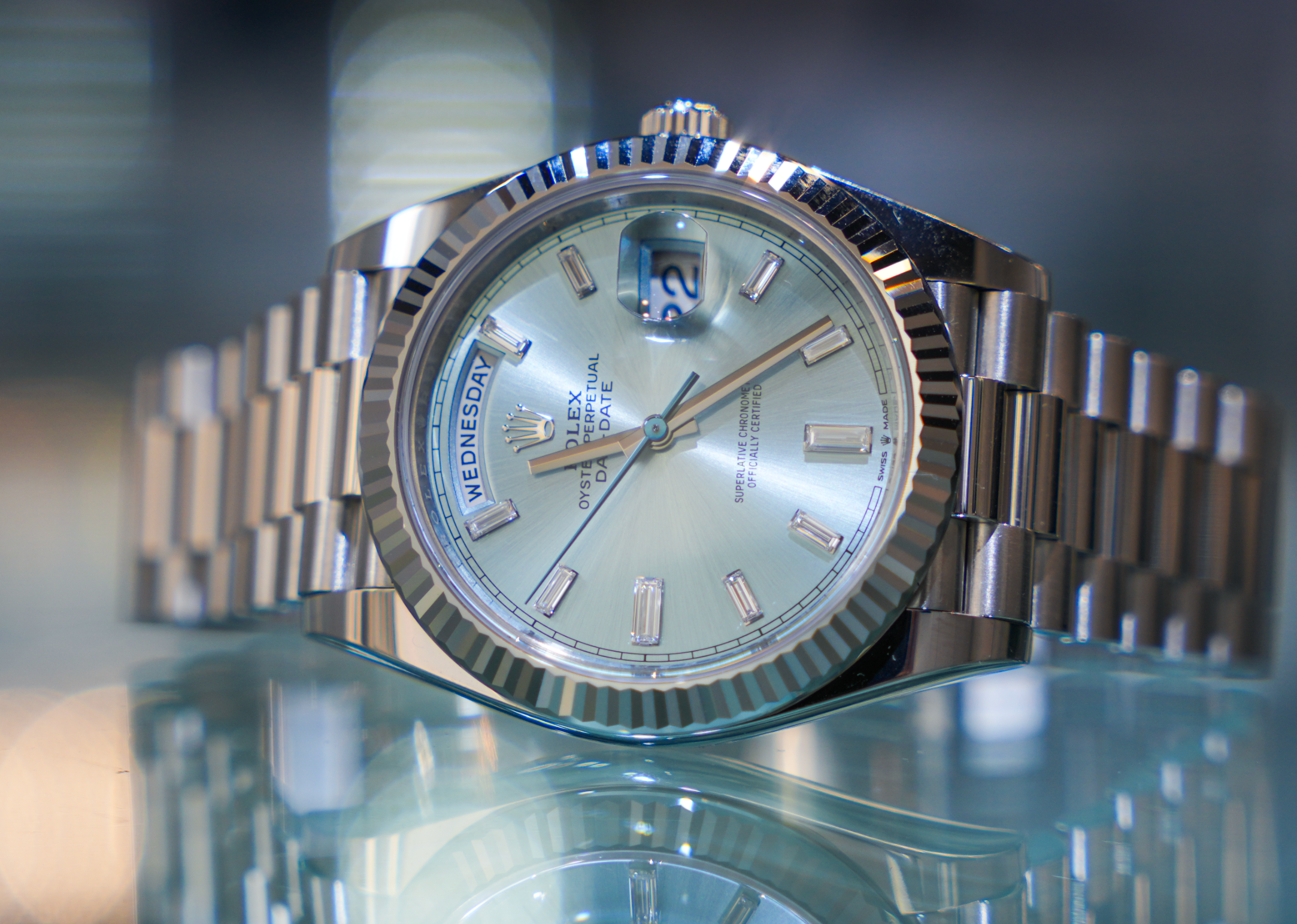 Rolex Platinum President Day-Date 40 – Ice Blue Baguette Dial Ref. 228236-Rolex-JD Watches NY