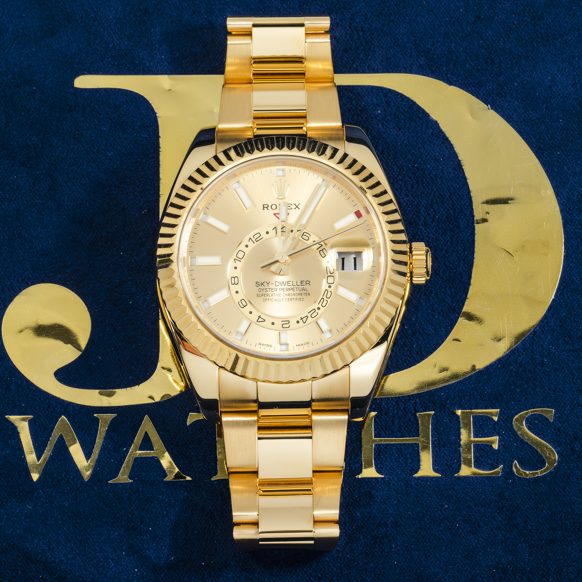 Rolex Sky-Dweller 326938 42mm 18k Yellow Gold Champagne Dial with Champagne Hour Markers – Oyster Bracelet (Year: 2020-2024)-Rolex-JD Watches NY
