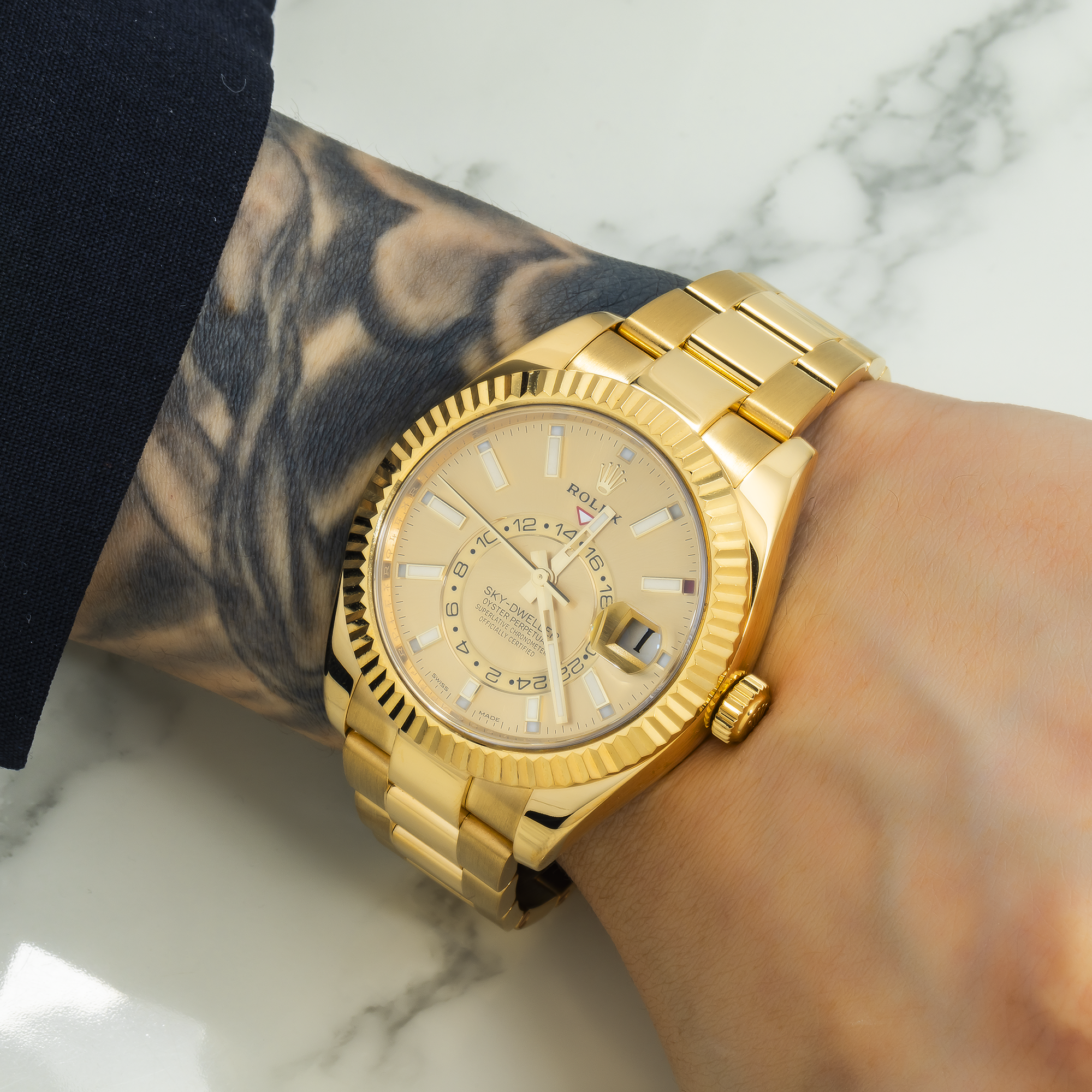 Rolex Sky-Dweller 326938 42mm 18k Yellow Gold Champagne Dial with Champagne Hour Markers – Oyster Bracelet (Year: 2020-2024)-Rolex-JD Watches NY