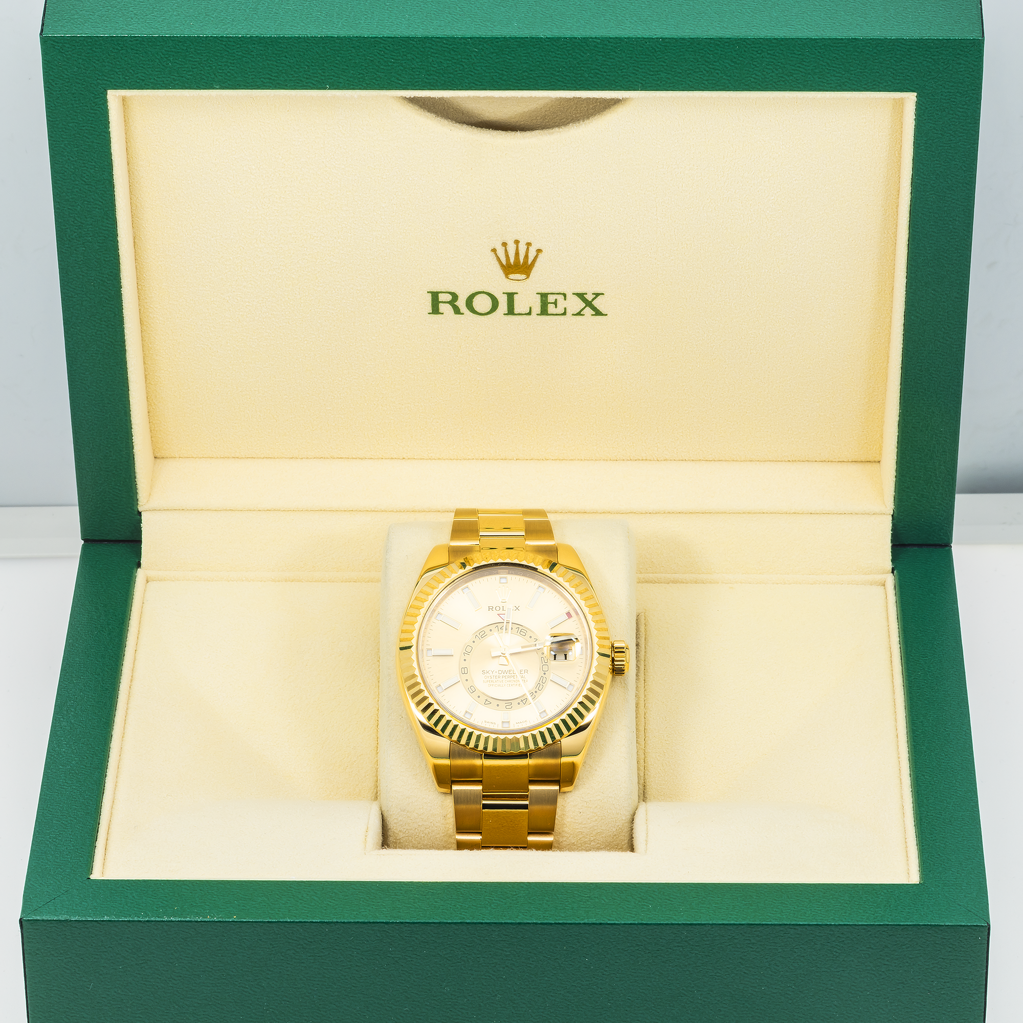 Rolex Sky-Dweller 326938 42mm 18k Yellow Gold Champagne Dial with Champagne Hour Markers – Oyster Bracelet (Year: 2020-2024)-Rolex-JD Watches NY