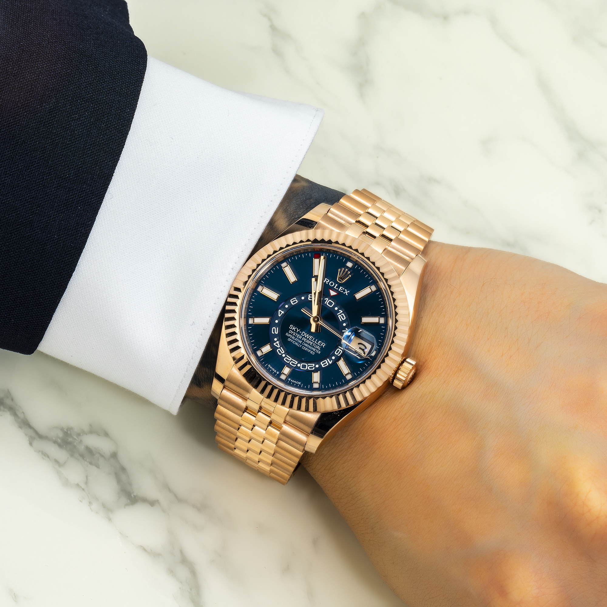 Rolex Sky Dweller Rose Gold with Blue Dial Jubilee Bracelet 336935-Rolex-JD Watches NY