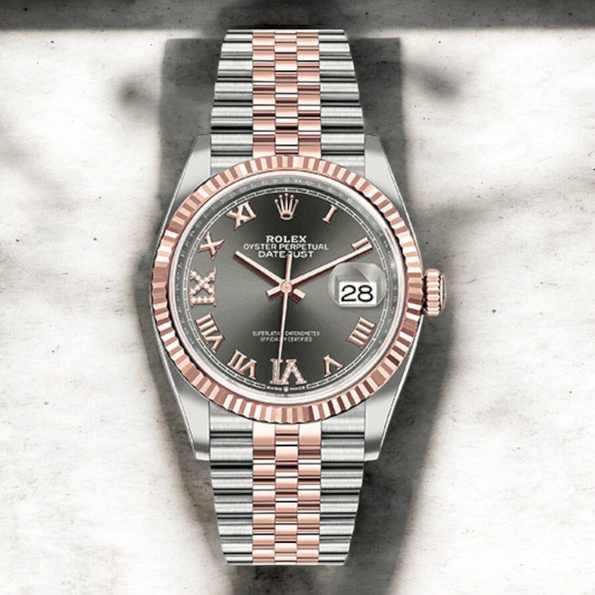 Rolex Steel and Everose Datejust 36 Watch 126231 Dark Rhodium Roman Dial - Jubilee Bracelet-Rolex-JD Watches NY