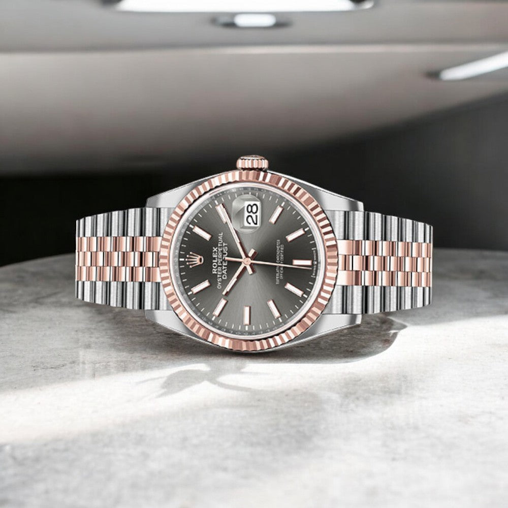 Rolex Steel and Everose Rolesor Datejust 36 Watch 126231 Dark Rhodium Index Dial - Jubilee Bracelet-Rolex-JD Watches NY