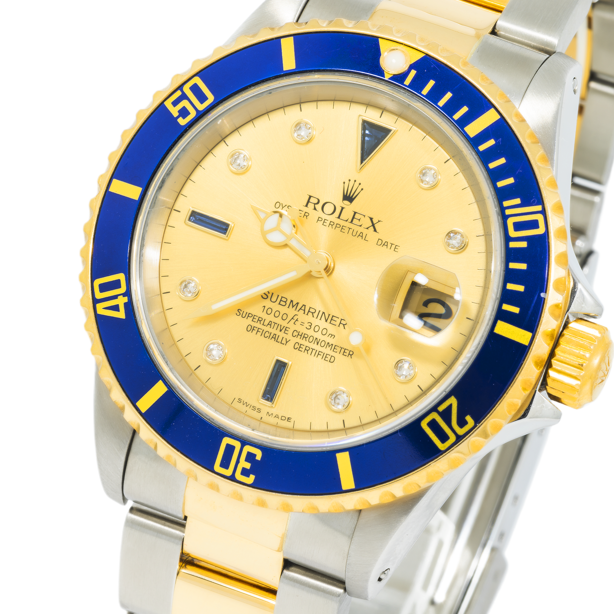 Rolex Submariner Two Tone 16613 Champagne Serti Dial Blue Insert Bezel-Rolex-JD Watches NY