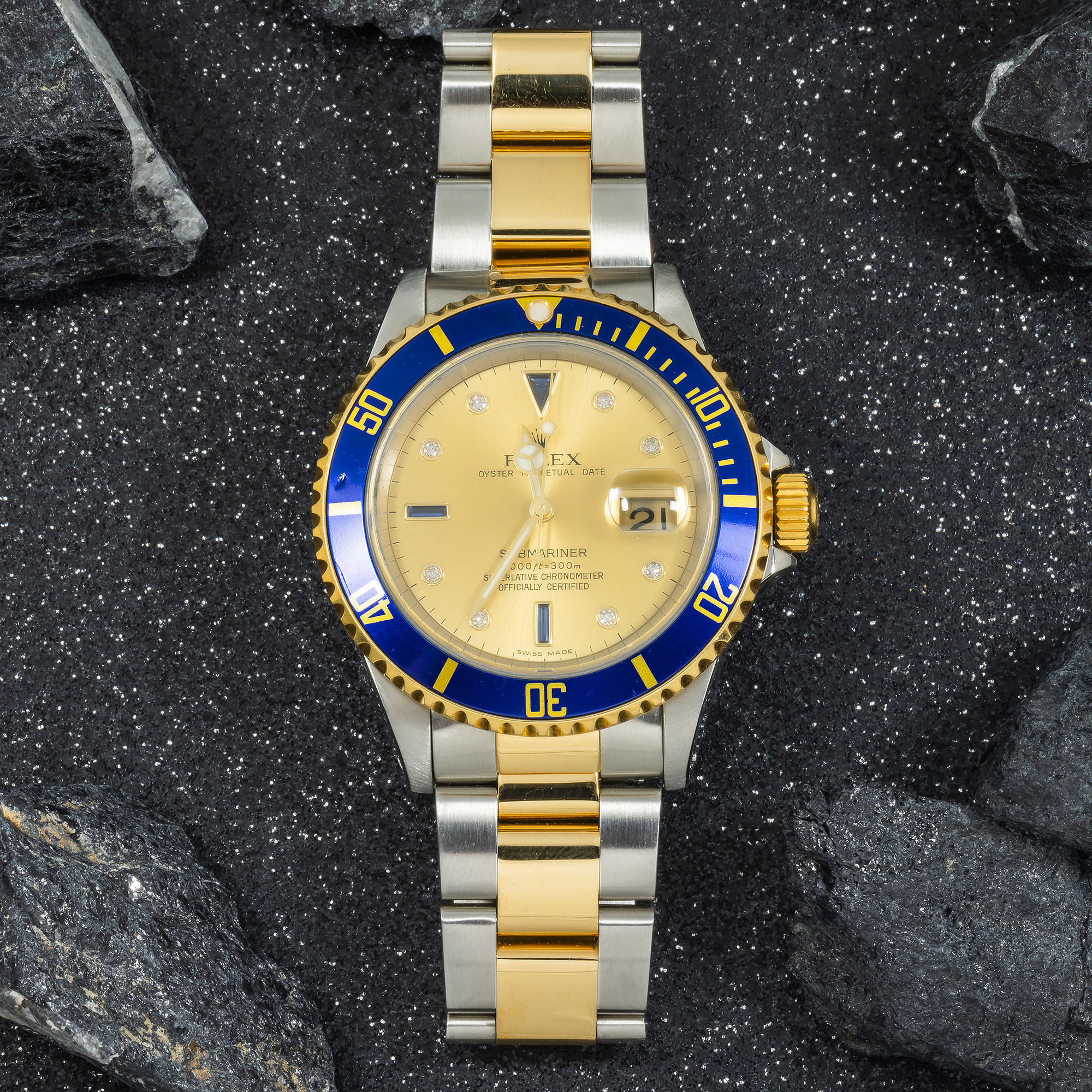 Rolex Submariner Two Tone 16613 Champagne Serti Dial Blue Insert Bezel-Rolex-JD Watches NY