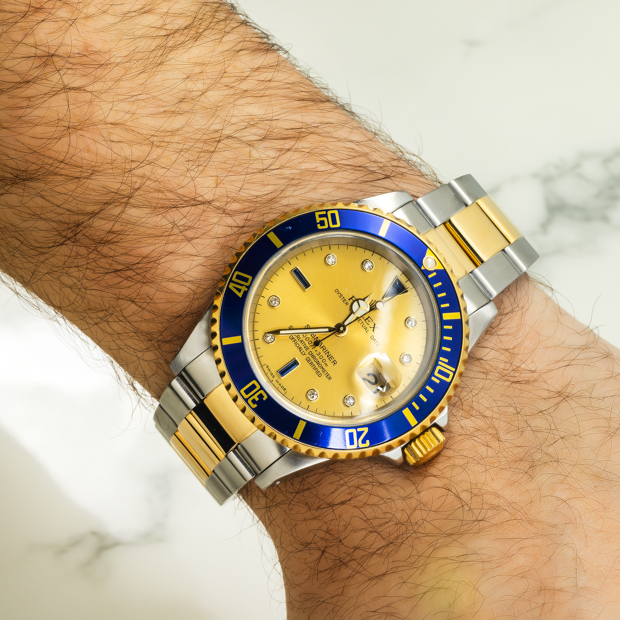 Rolex Submariner Two Tone 16613 Champagne Serti Dial Blue Insert Bezel-Rolex-JD Watches NY