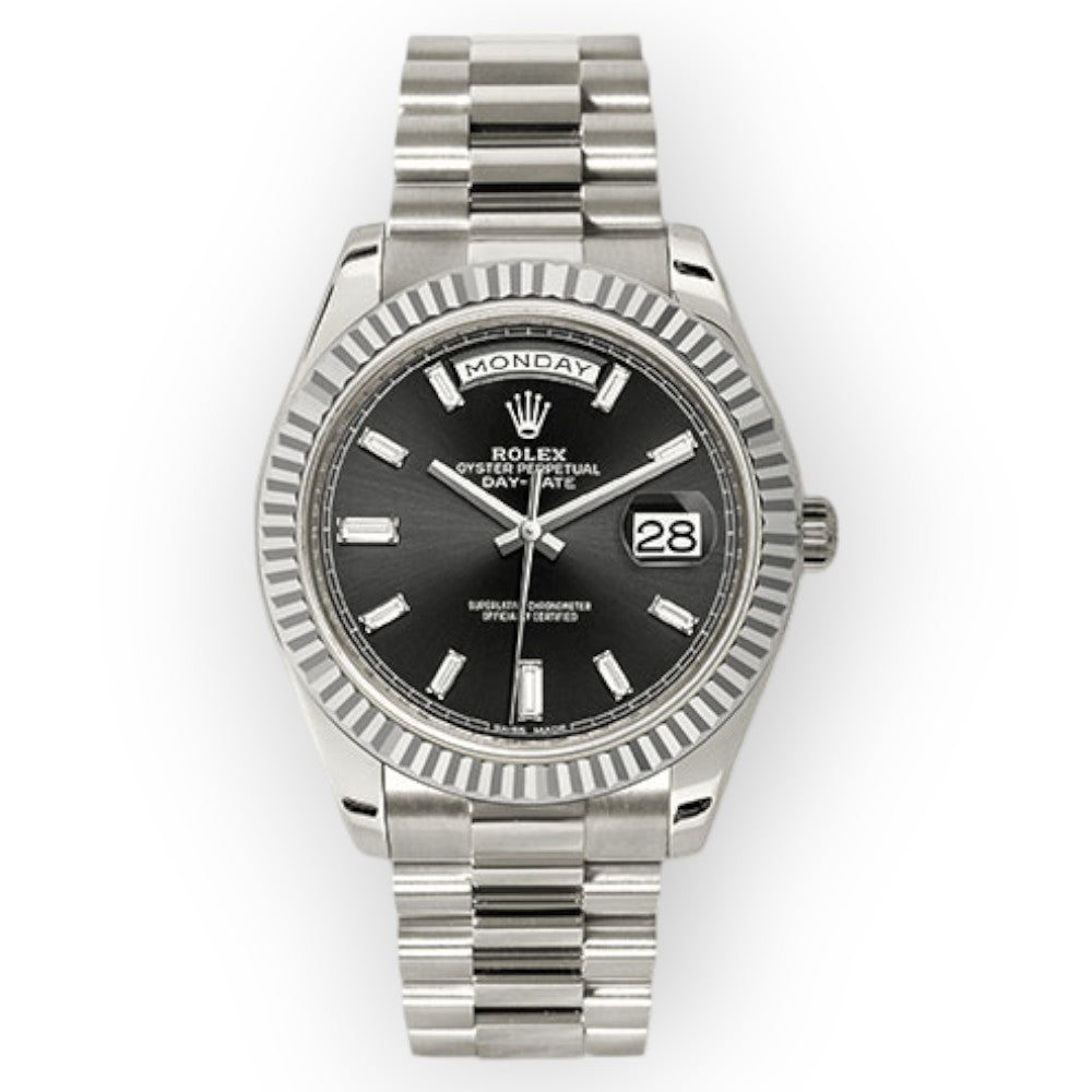 Rolex White Gold Day-Date 40 Watch Black Baguette Diamond Dial - President Bracelet-Rolex-JD Watches NY