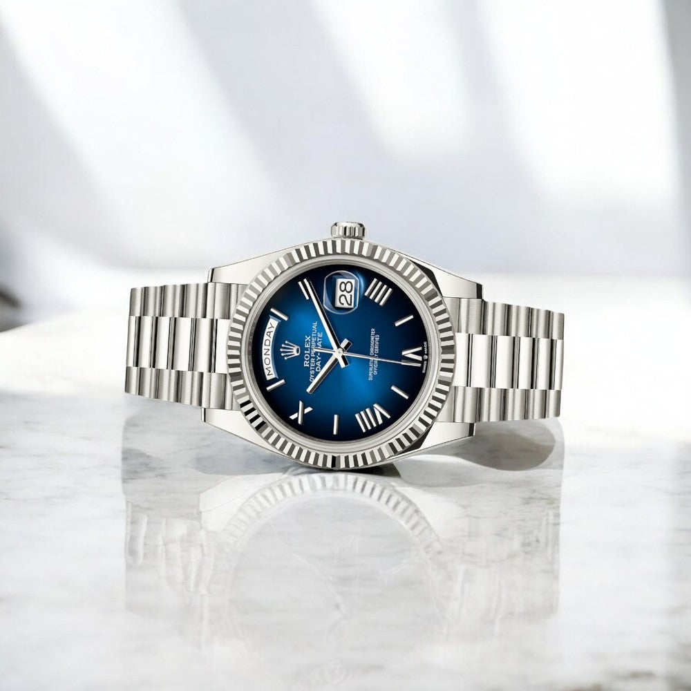 Rolex White Gold Day-Date 40 Watch Blue Ombré Roman Dial - President Bracelet-Rolex-JD Watches NY