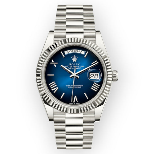 Rolex White Gold Day-Date 40 Watch Blue Ombré Roman Dial - President Bracelet