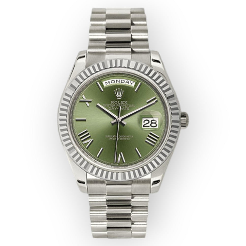 Rolex White Gold Day-Date 40 Watch Olive Green Roman Dial - President Bracelet 228239-Rolex-JD Watches NY
