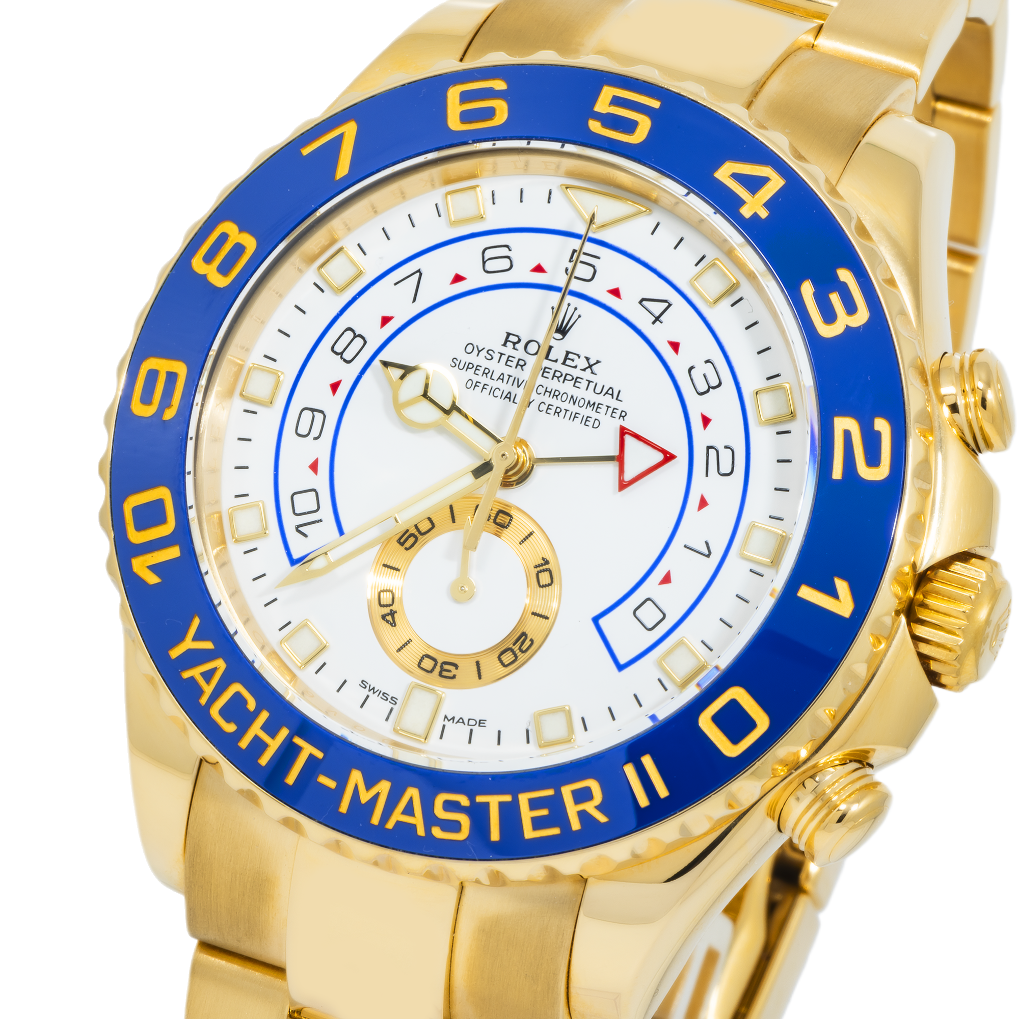 Rolex Yacht-Master II 116688 44mm 18k Yellow Gold White Dial Blue Ceramic Bezel – Mercedes Hands-Rolex-JD Watches NY