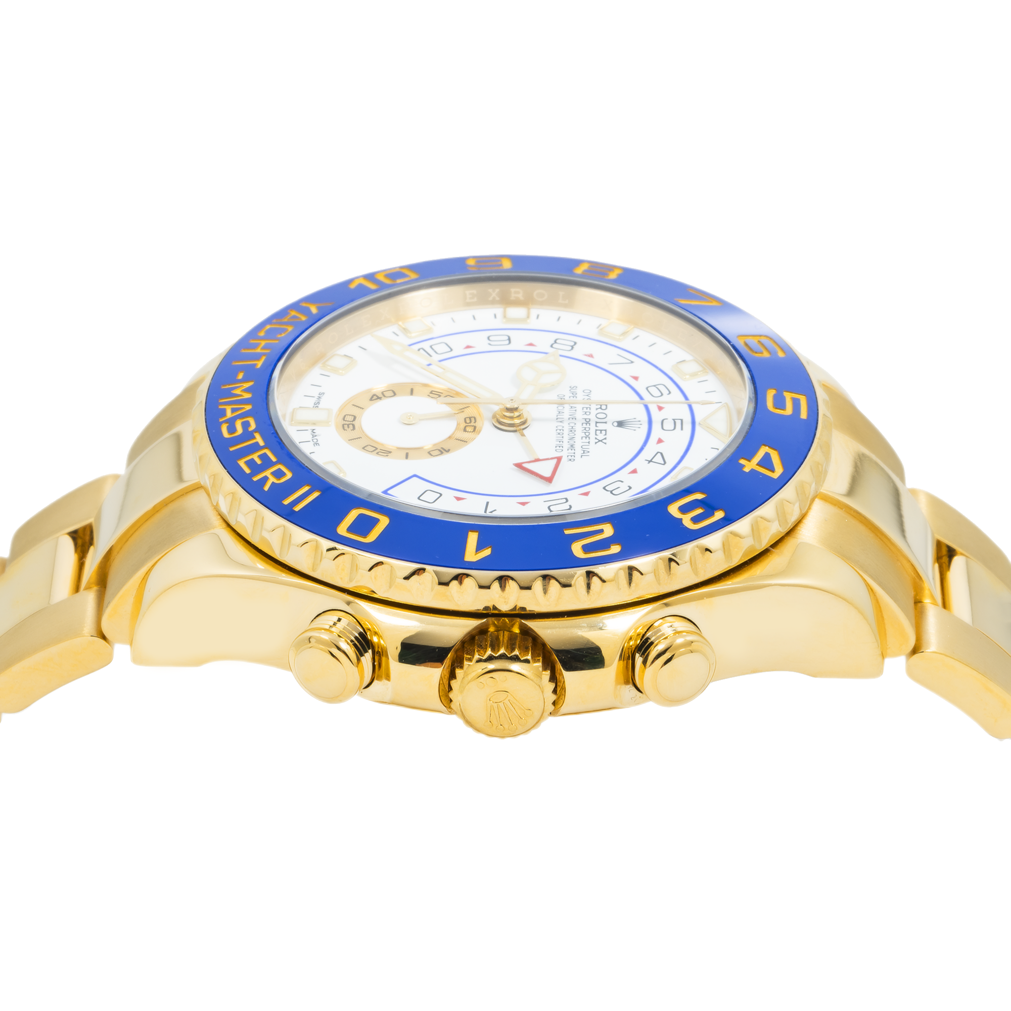 Rolex Yacht-Master II 116688 44mm 18k Yellow Gold White Dial Blue Ceramic Bezel – Mercedes Hands-Rolex-JD Watches NY