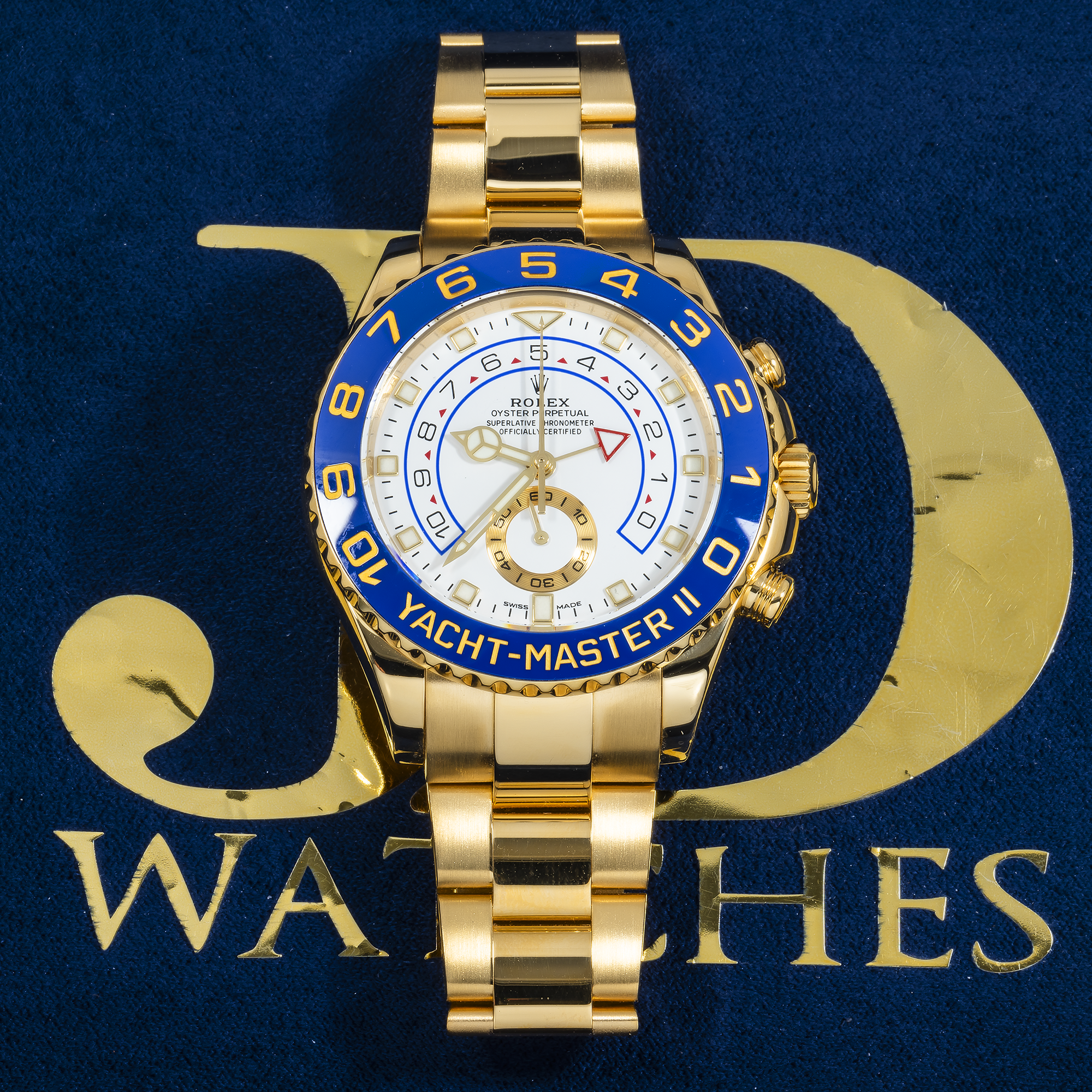 Rolex Yacht-Master II 116688 44mm 18k Yellow Gold White Dial Blue Ceramic Bezel – Mercedes Hands-Rolex-JD Watches NY