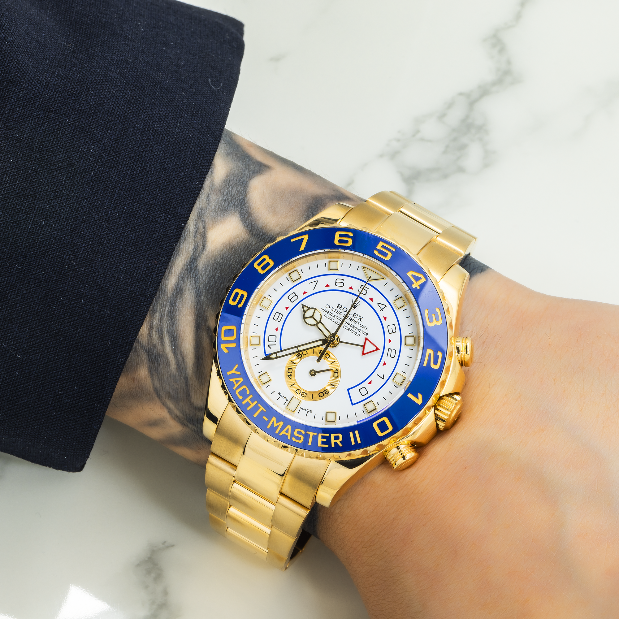 Rolex Yacht-Master II 116688 44mm 18k Yellow Gold White Dial Blue Ceramic Bezel – Mercedes Hands-Rolex-JD Watches NY