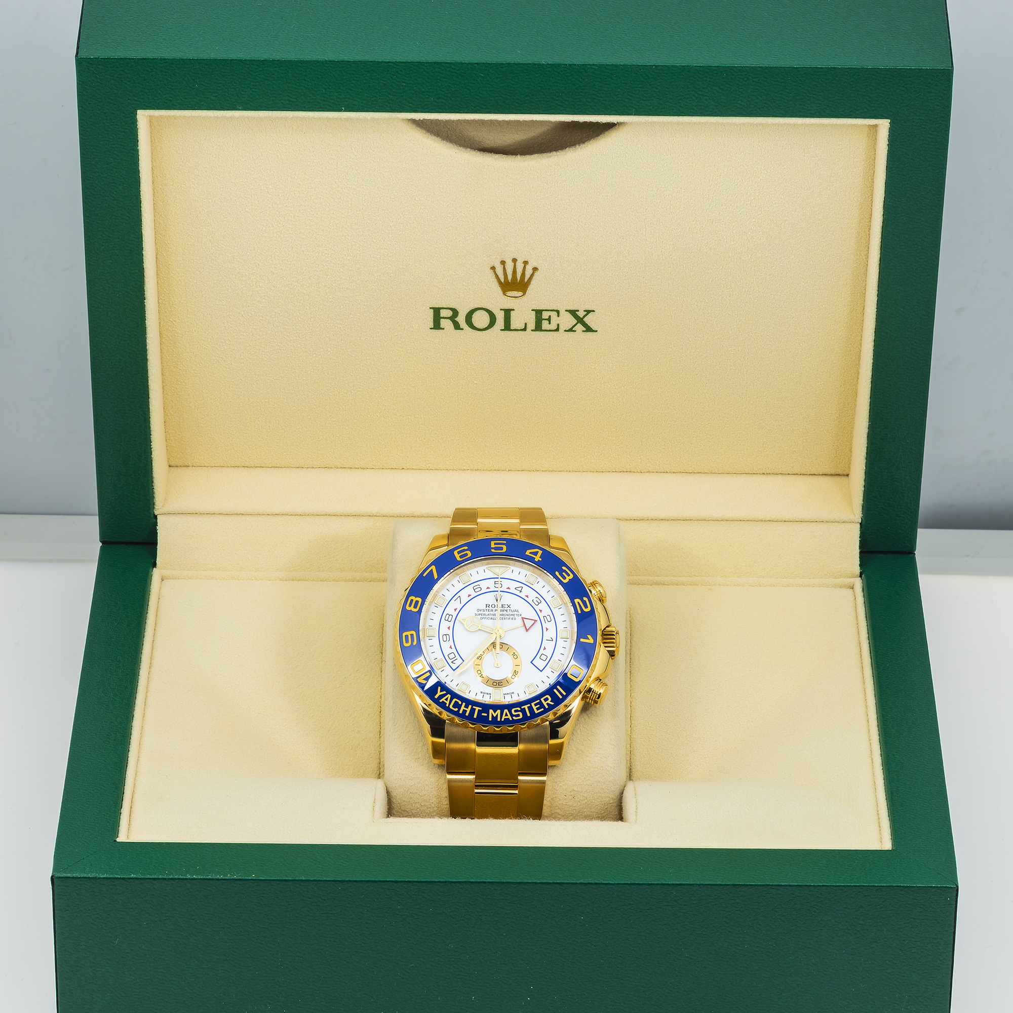 Rolex Yacht-Master II 116688 44mm 18k Yellow Gold White Dial Blue Ceramic Bezel – Mercedes Hands-Rolex-JD Watches NY