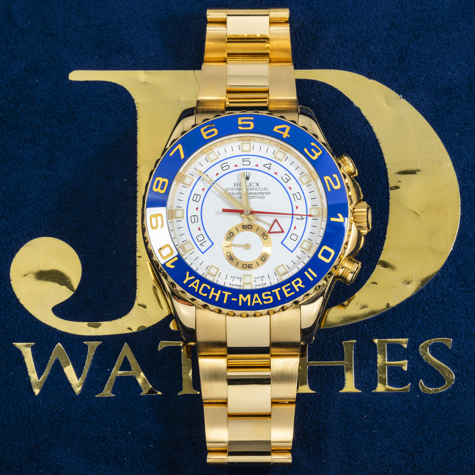 Rolex Yacht-Master II 116688 44mm 18k Yellow Gold White Dial Blue Ceramic Bezel – Straight Hands (Year 2008 to 2015)-Rolex-JD Watches NY