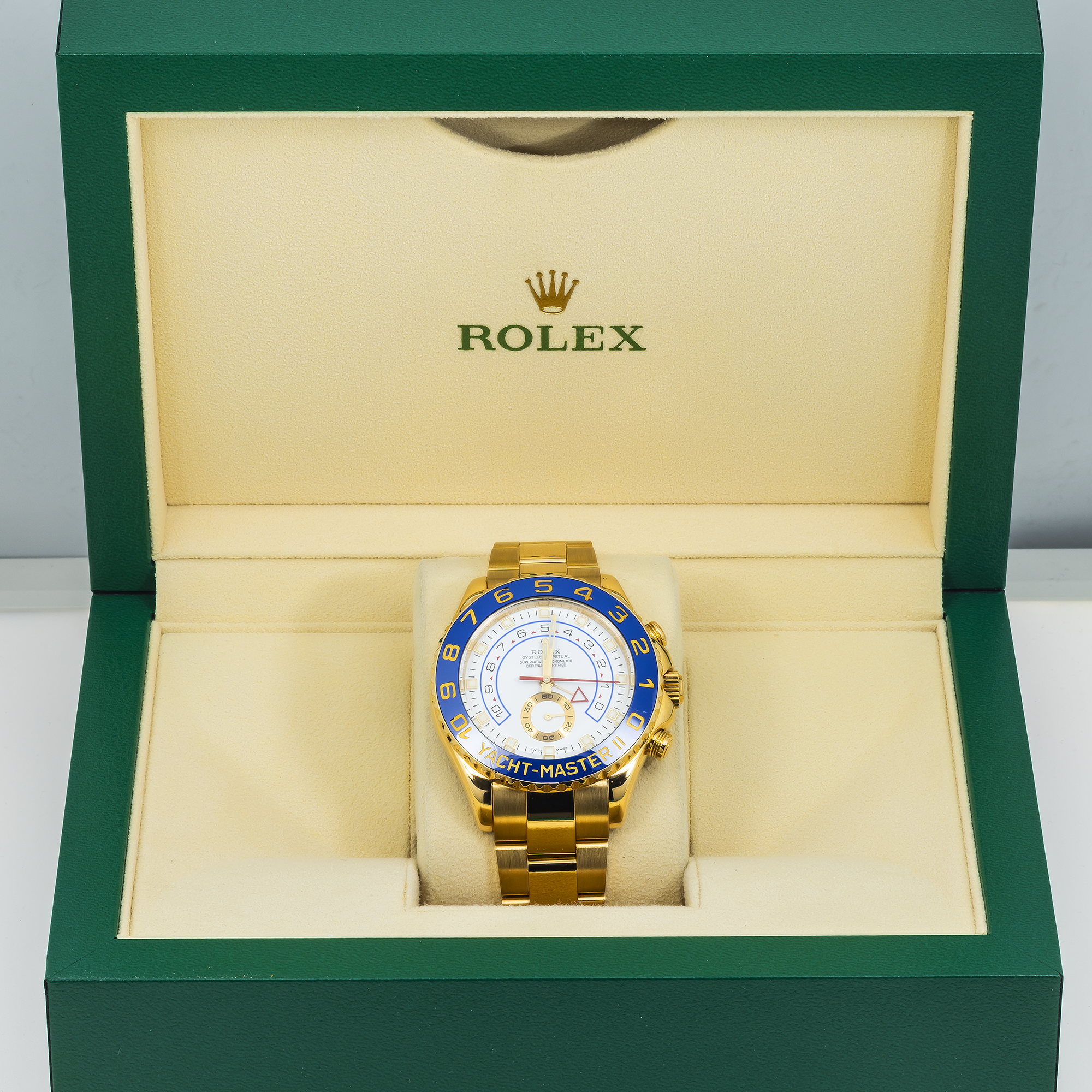 Rolex Yacht-Master II 116688 44mm 18k Yellow Gold White Dial Blue Ceramic Bezel – Straight Hands (Year 2008 to 2015)-Rolex-JD Watches NY