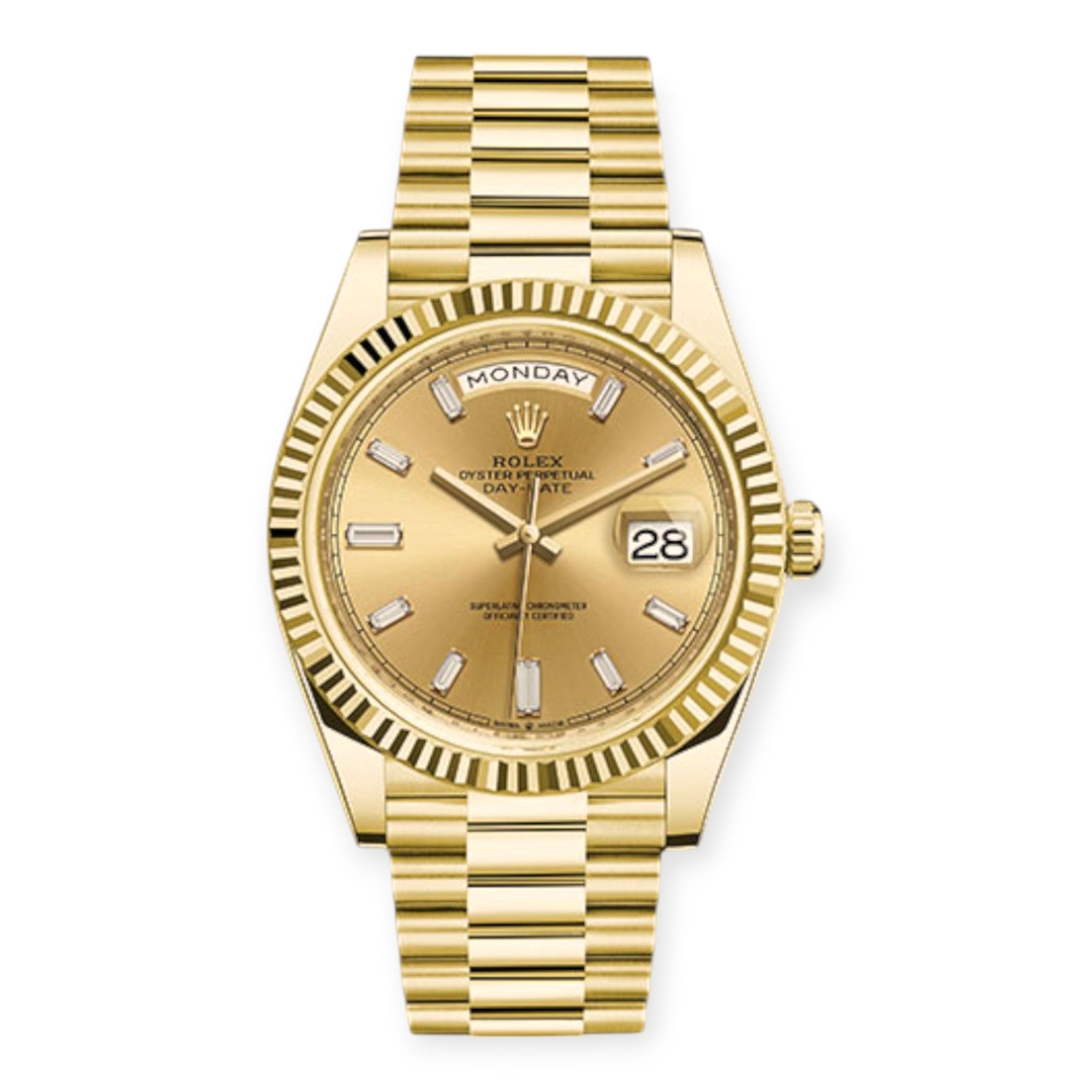 Rolex Yellow Gold Day-Date 40 Watch Champagne Baguette Diamond Dial - President Bracelet-Rolex-JD Watches NY