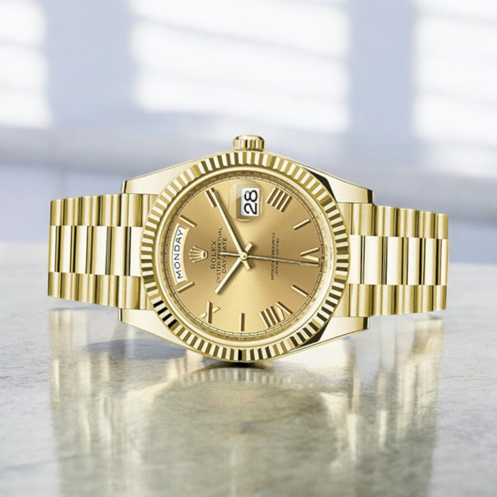 Rolex Yellow Gold Day-Date 40 Watch Champagne Roman Dial - President Bracelet 228238-Rolex-JD Watches NY